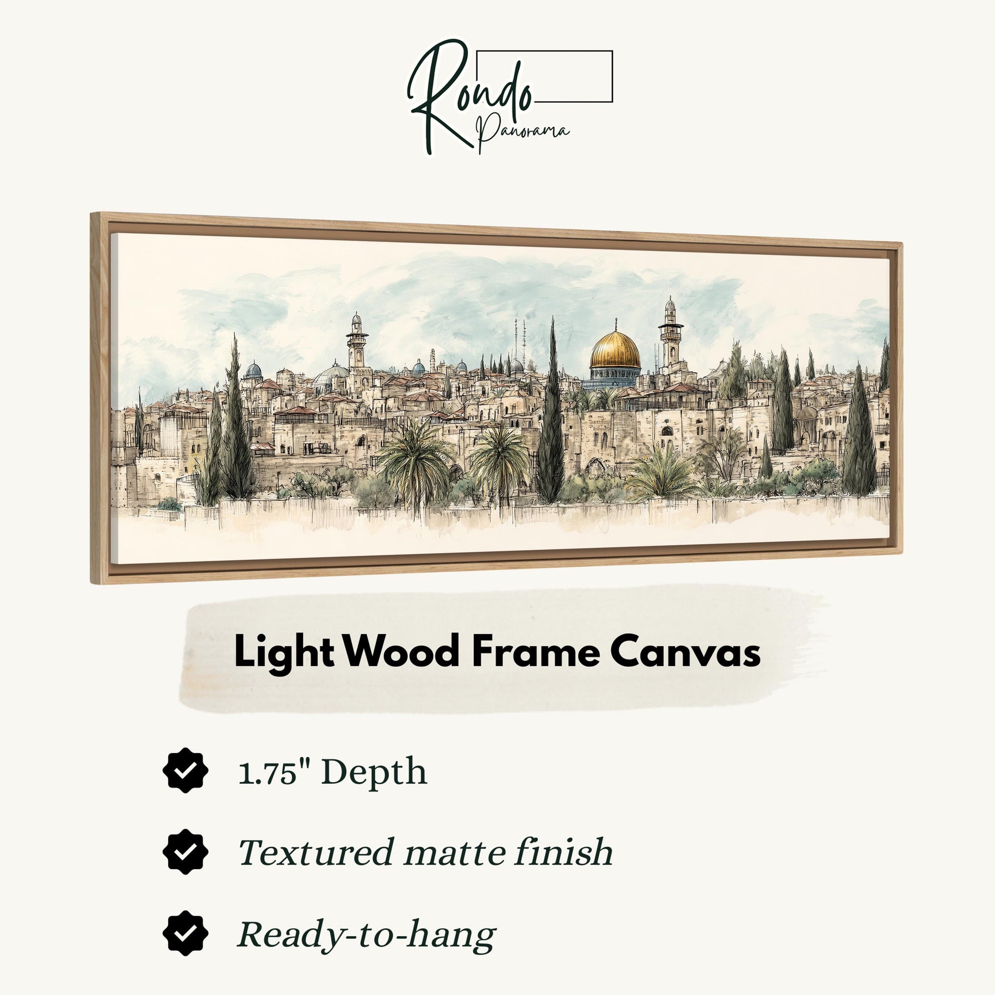 The image is a light wood frame canvas depicting a cityscape with buildings, palm trees, and a dome.