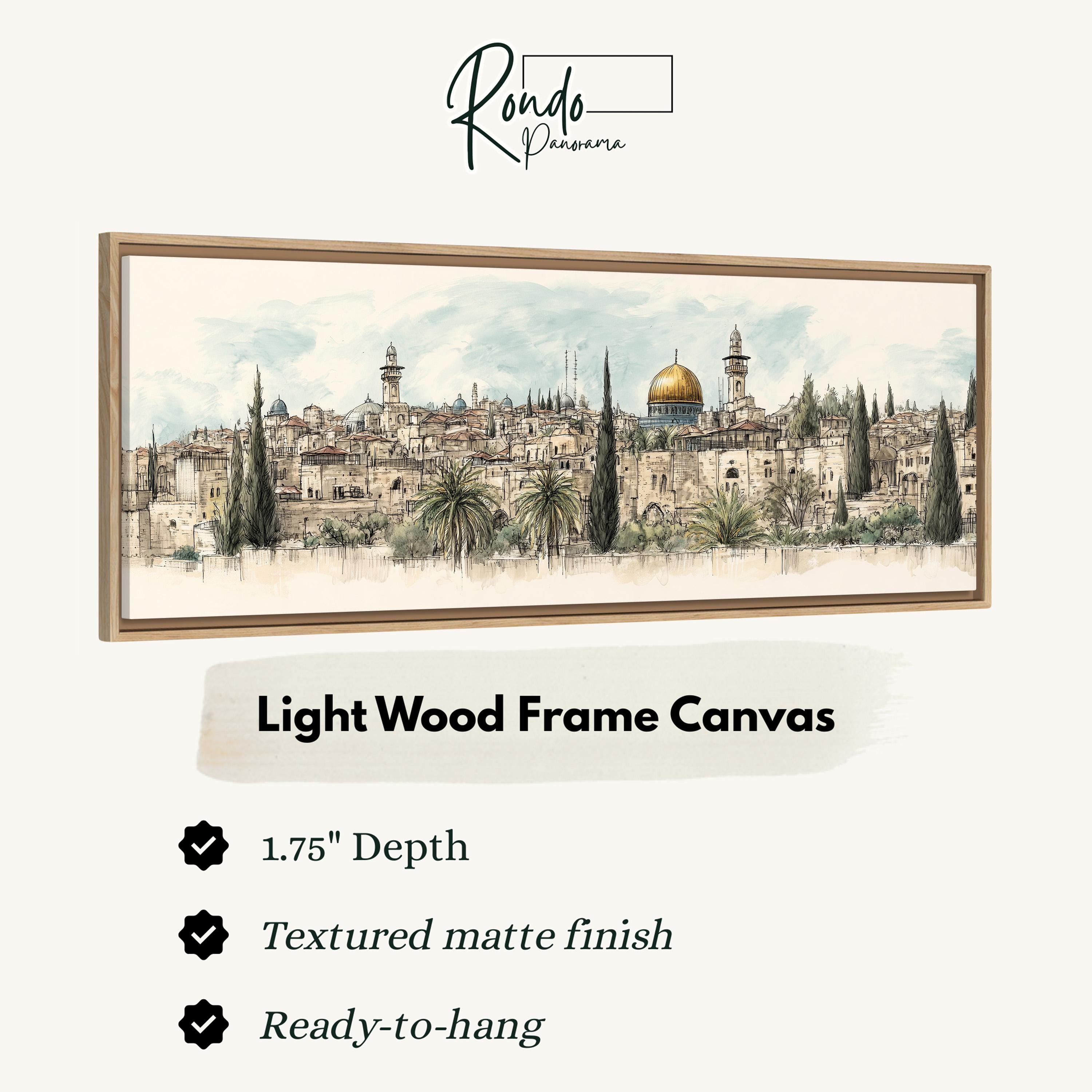 The image is a light wood frame canvas depicting a cityscape with buildings, palm trees, and a dome.