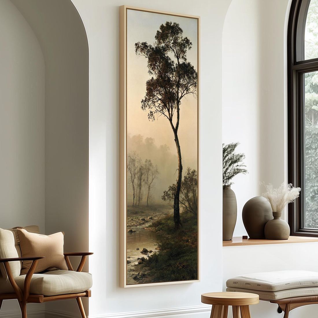 Lone tree beside a misty river long vertical canvas print in a sunlit living space