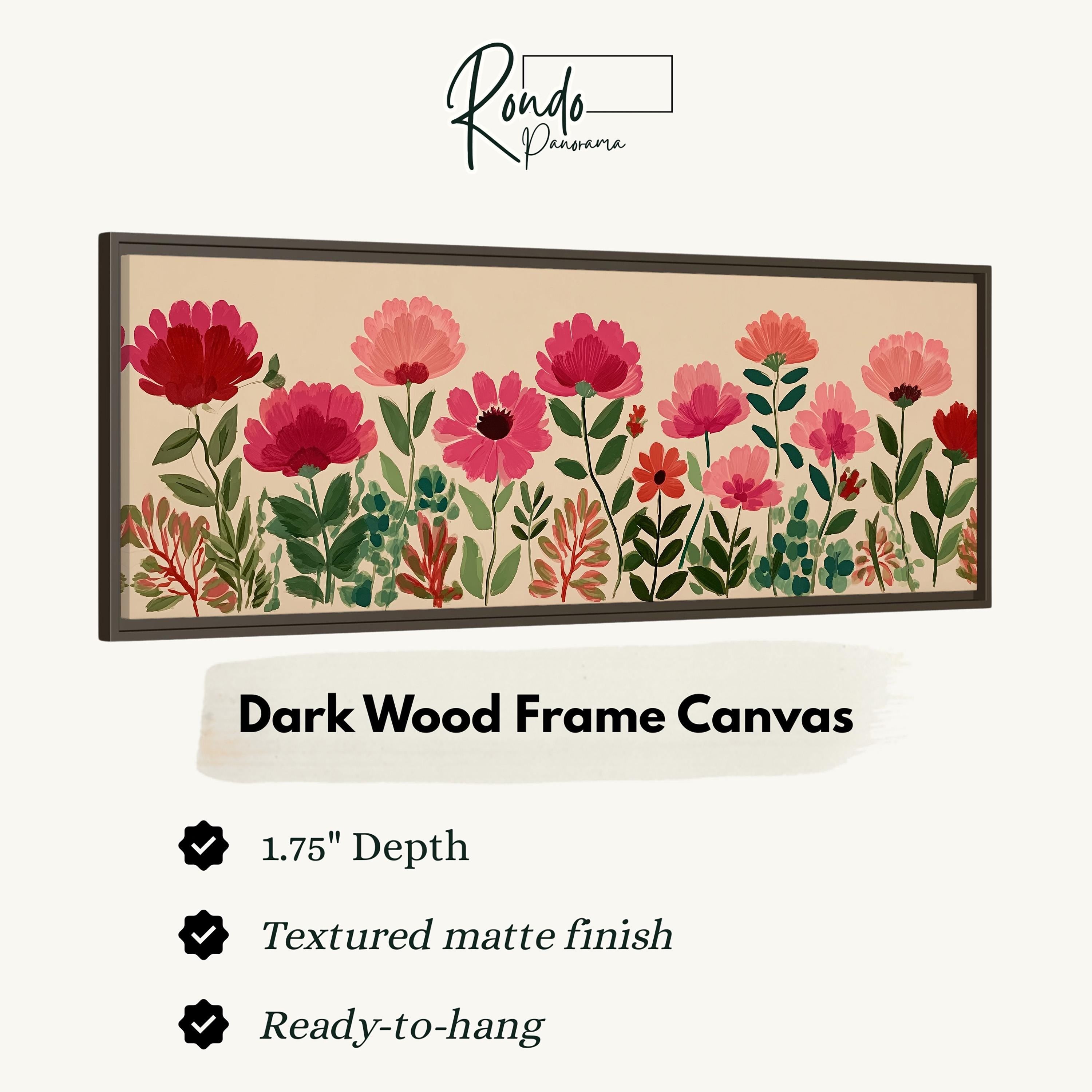 a dark wood frame canvas with a floral design of pink flowers and green leaves.