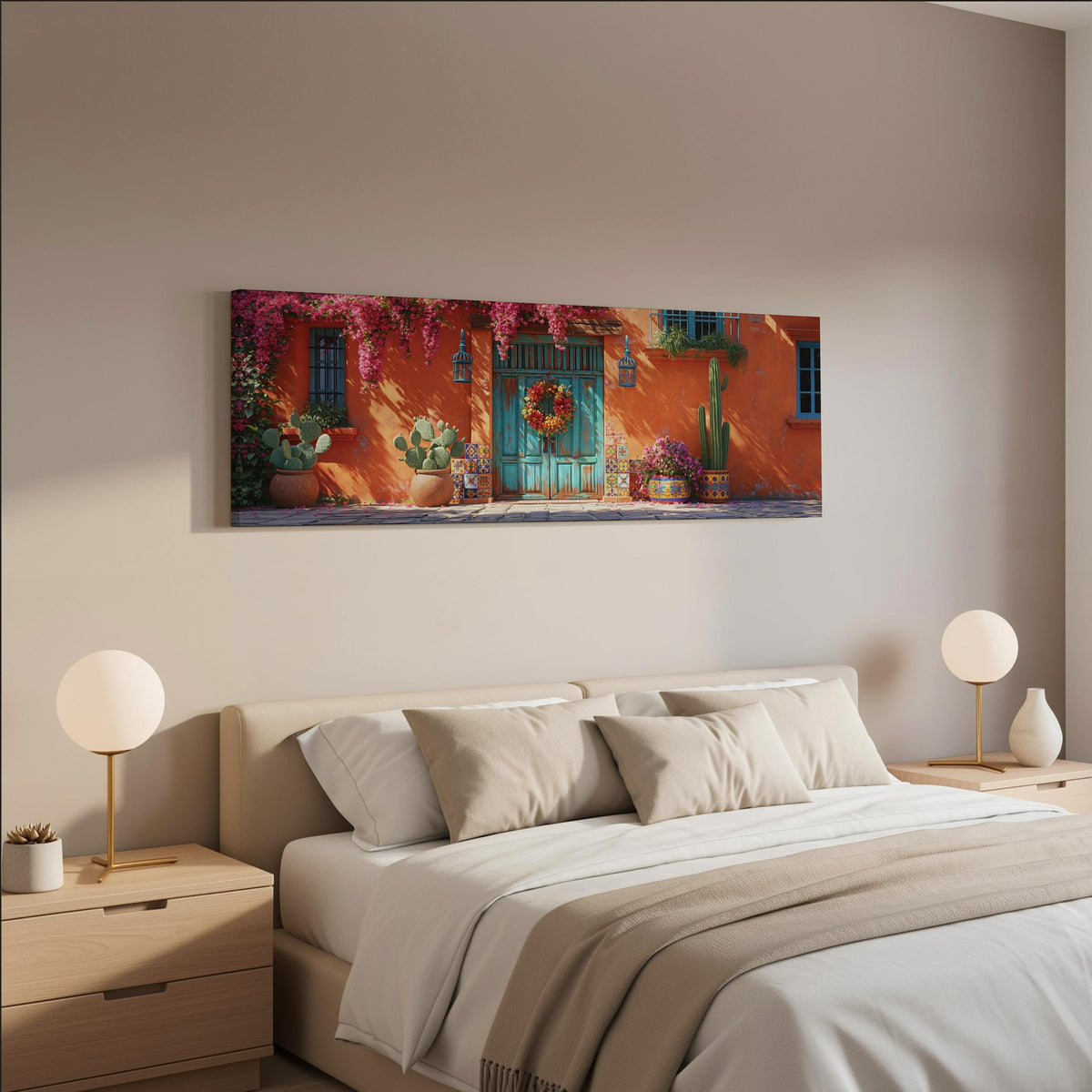 Adobe doorway with a wreath and cacti wide panoramic canvas print above a bed in a neutral bedroom