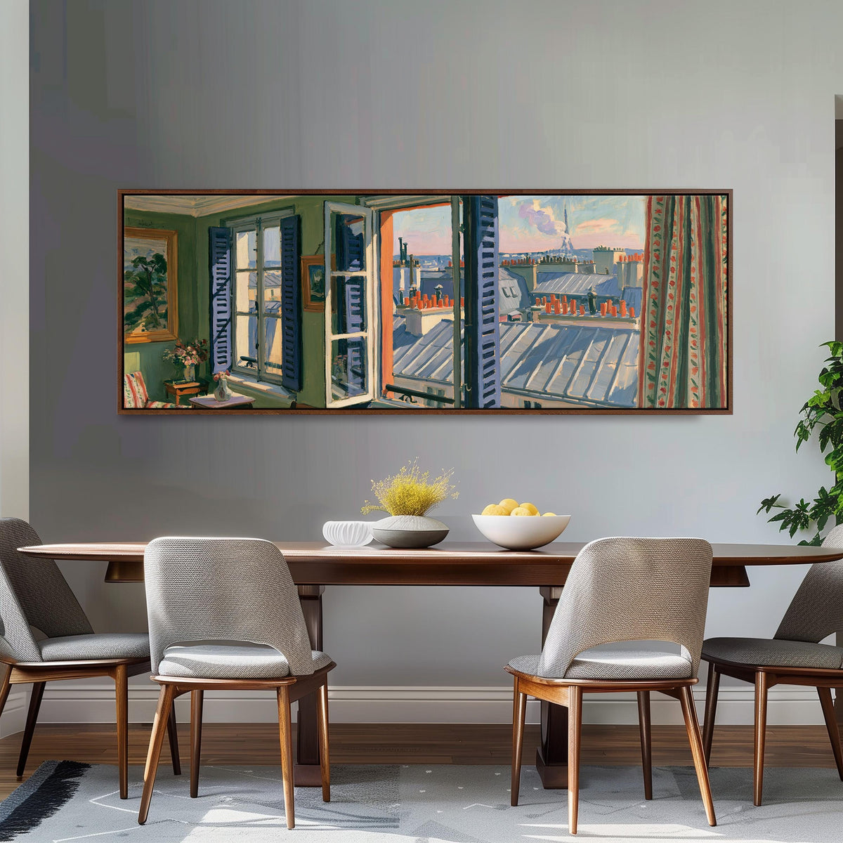 Paris chimneys and rooftops from a sunny window long horizontal canvas print above a dining table