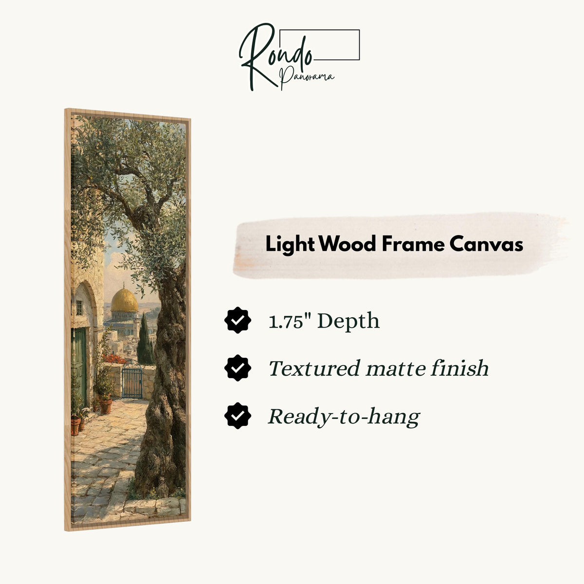 Ancient olive tree near the golden dome canvas print in a light wood floating frame