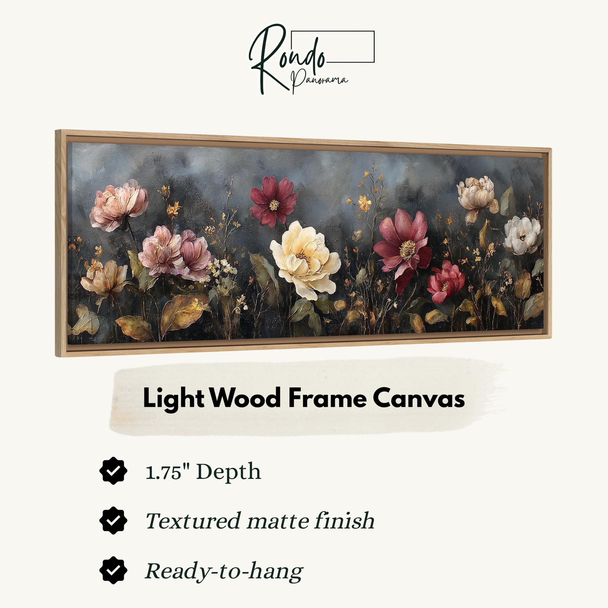 The image is a framed artwork depicting a floral arrangement with various types of flowers, including roses and other blooms, set against a dark background.
