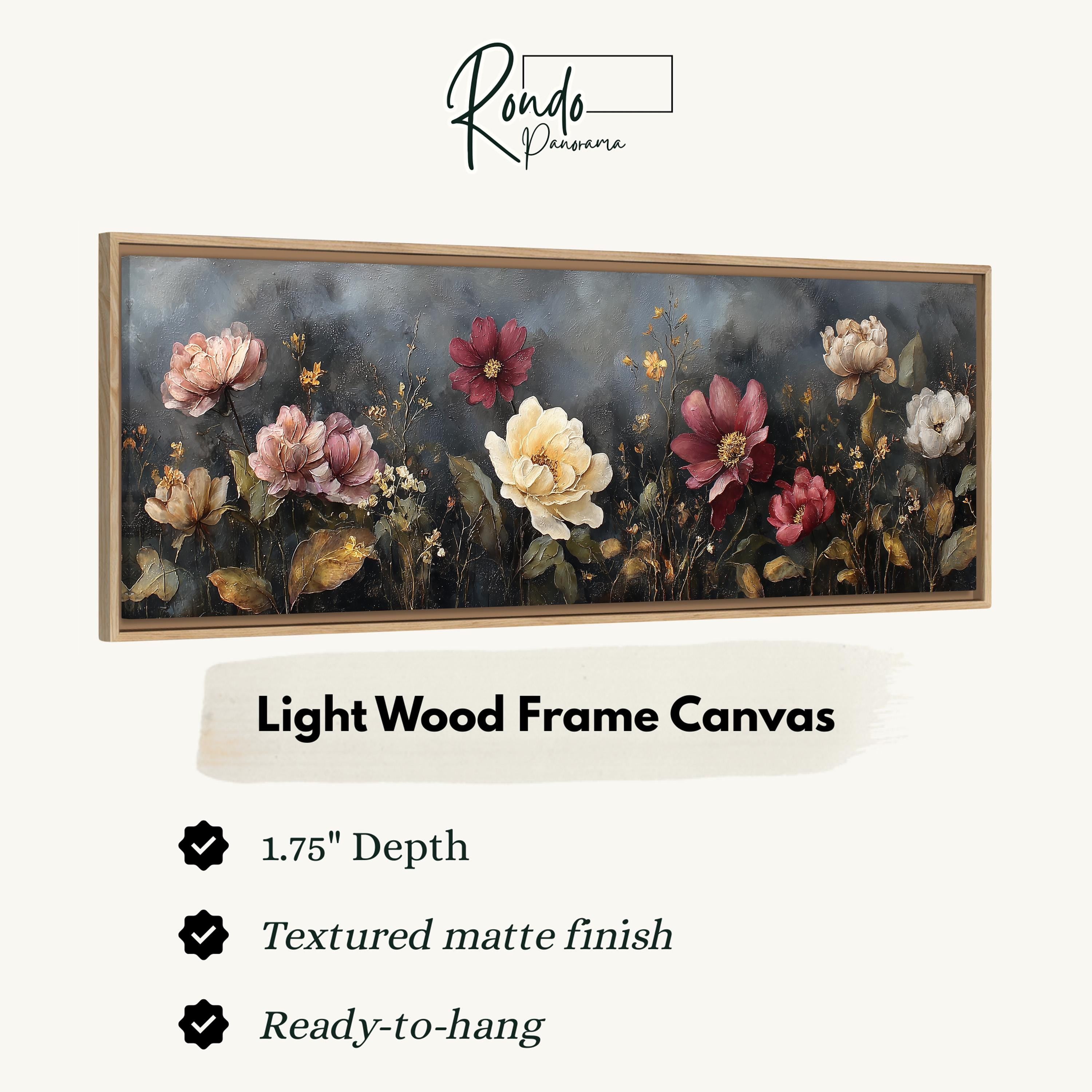 The image is a framed artwork depicting a floral arrangement with various types of flowers, including roses and other blooms, set against a dark background.