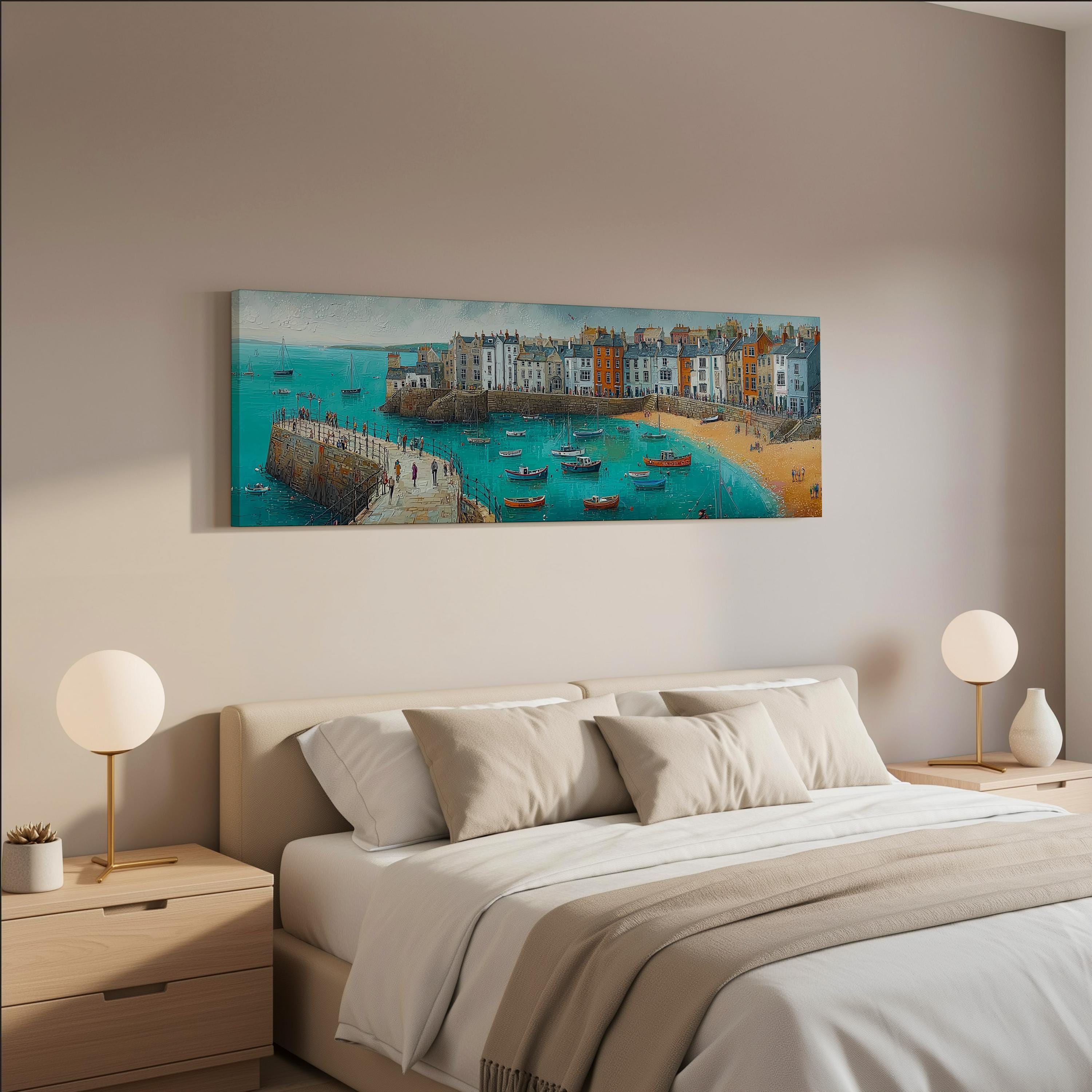 a bedroom with a large painting of a coastal town hanging on the wall above a bed with white bedding and pillows.