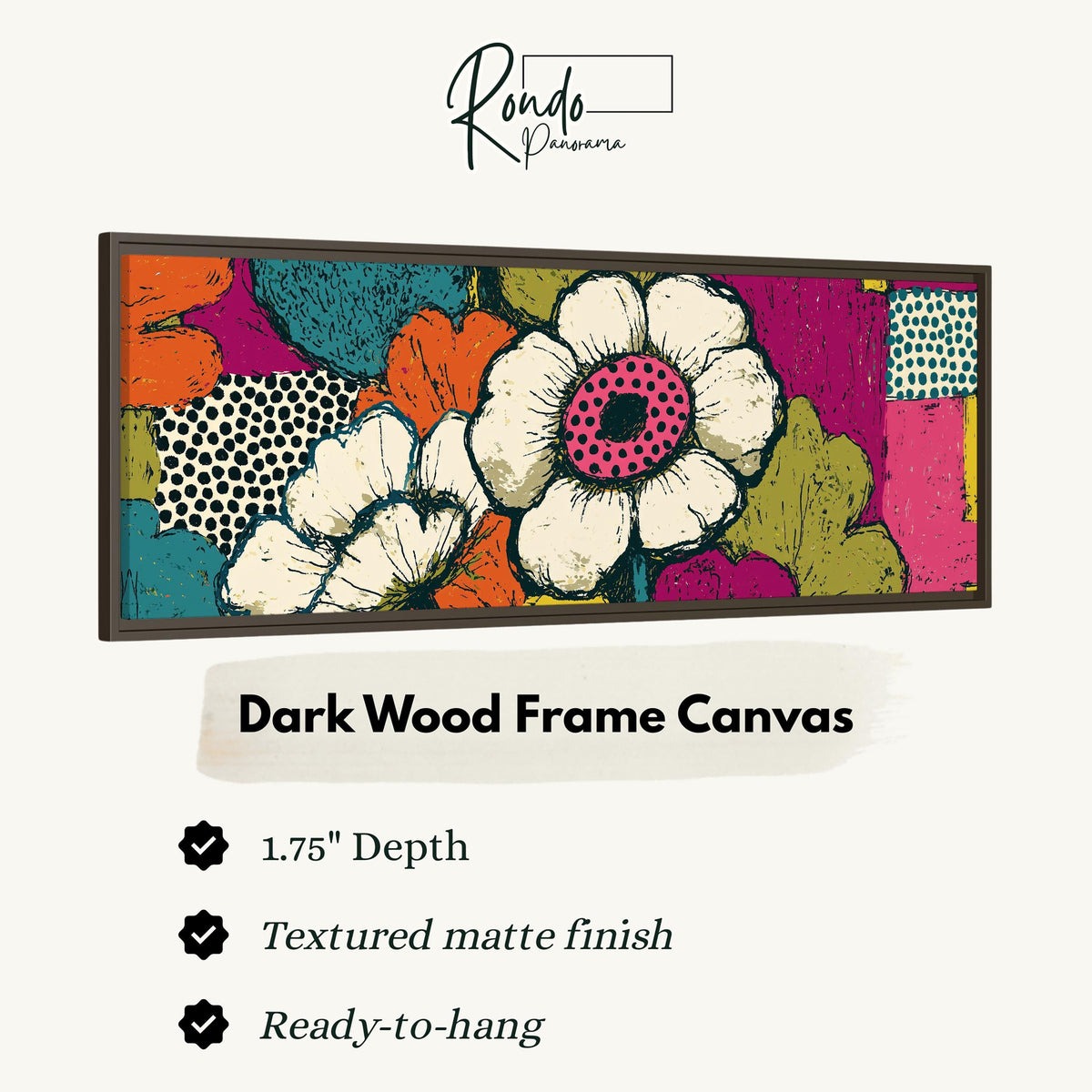 Bold pop blossoms canvas print in a dark wood floating frame