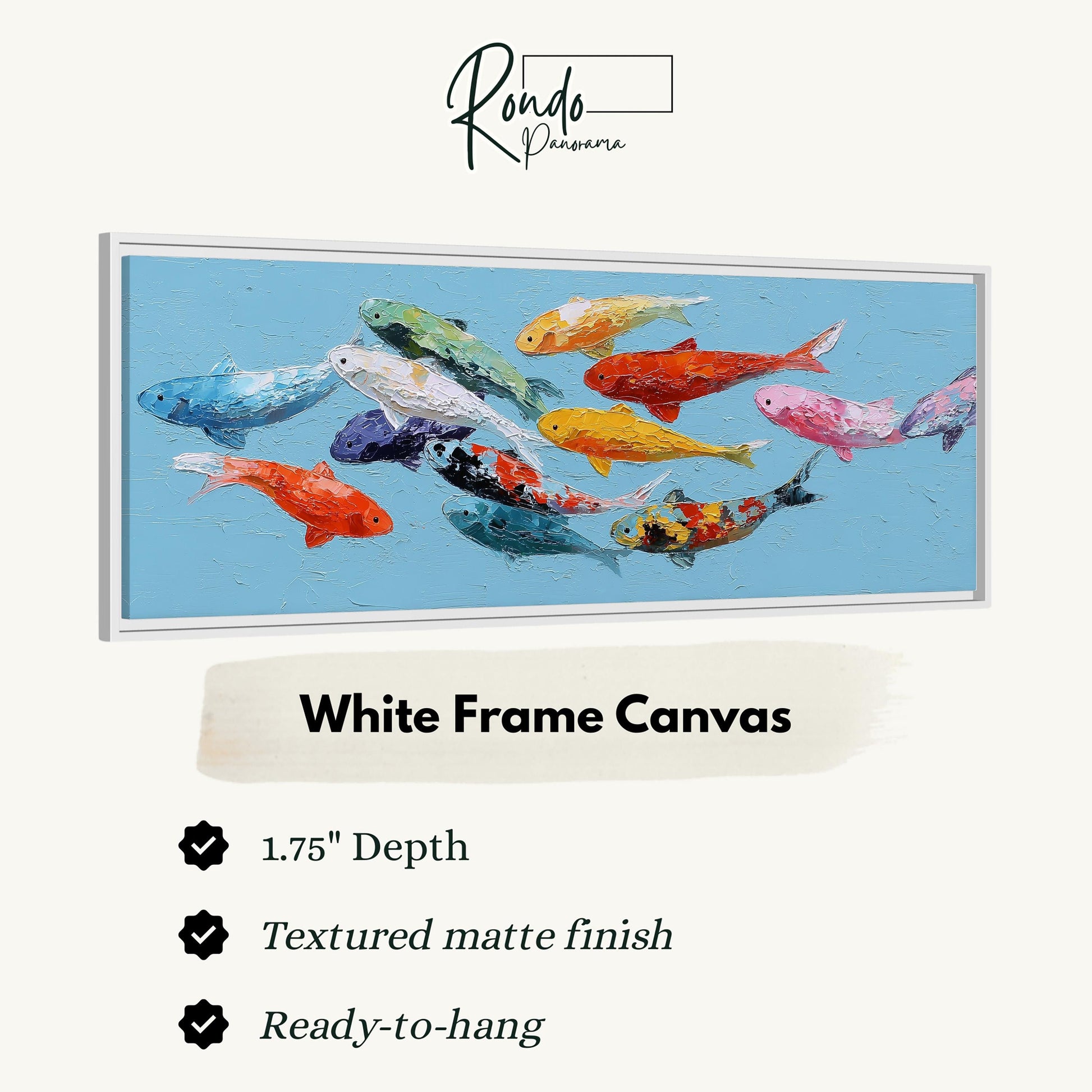 The image is a framed artwork depicting a group of colorful fish swimming in the water.
