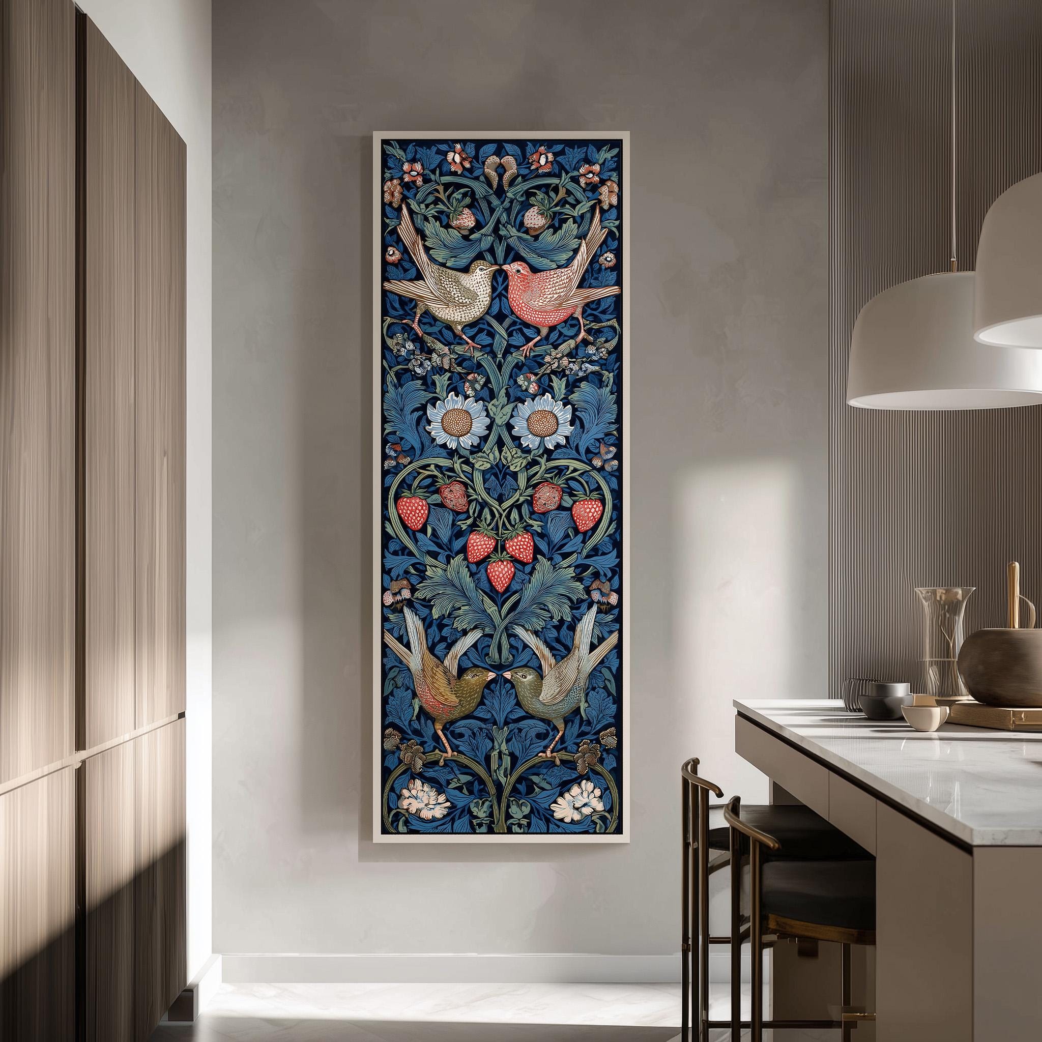a large, colorful tapestry hanging on a wall in a modern kitchen.