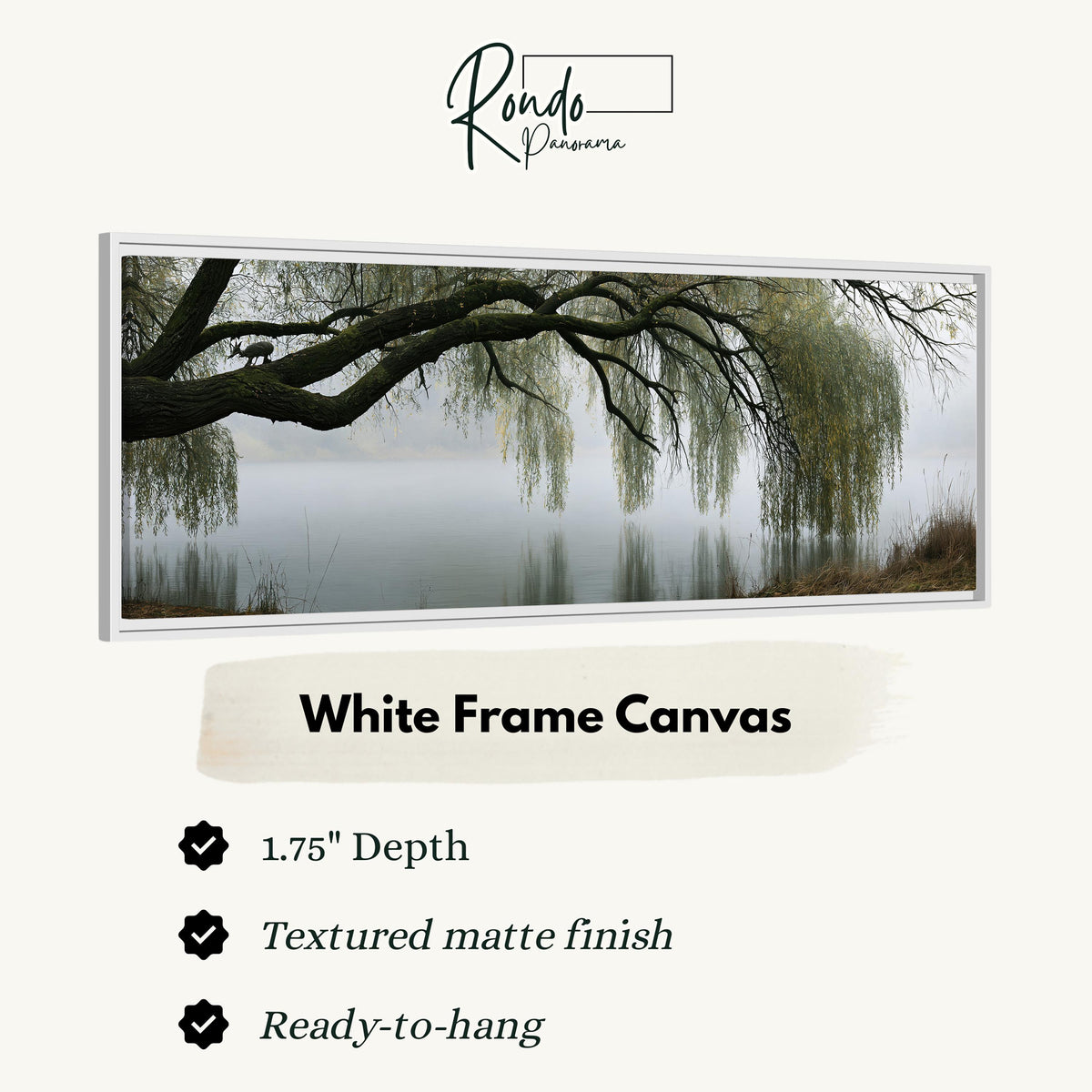 Weeping willow over a misty lake canvas print in a white floating frame
