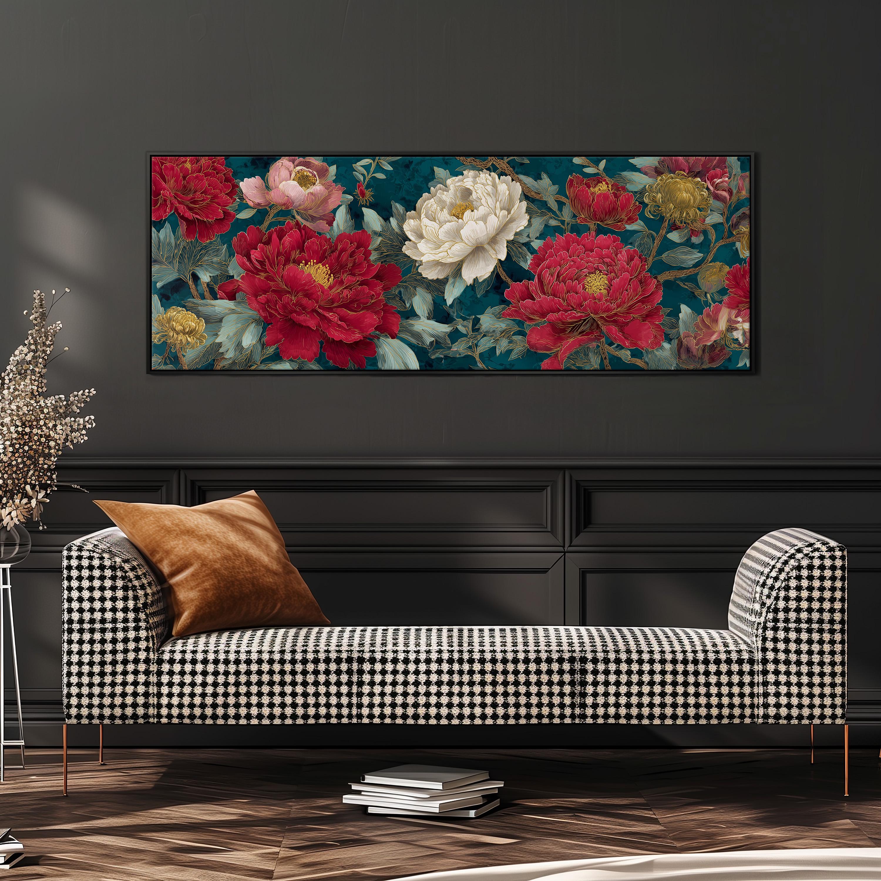 a large floral print hanging on a dark wall above a black and white checkered sofa with a brown throw pillow.