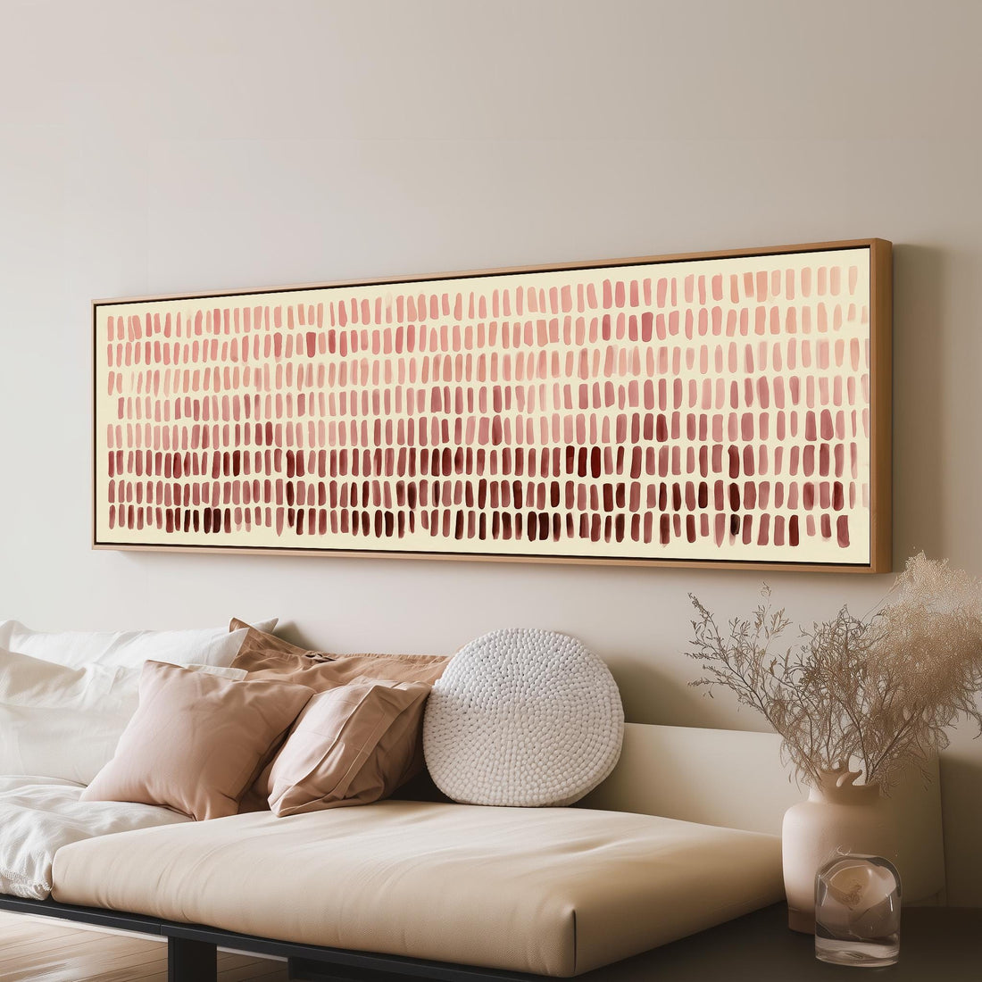 Soft rose ombre brushmarks long horizontal canvas print above a sofa in a living room