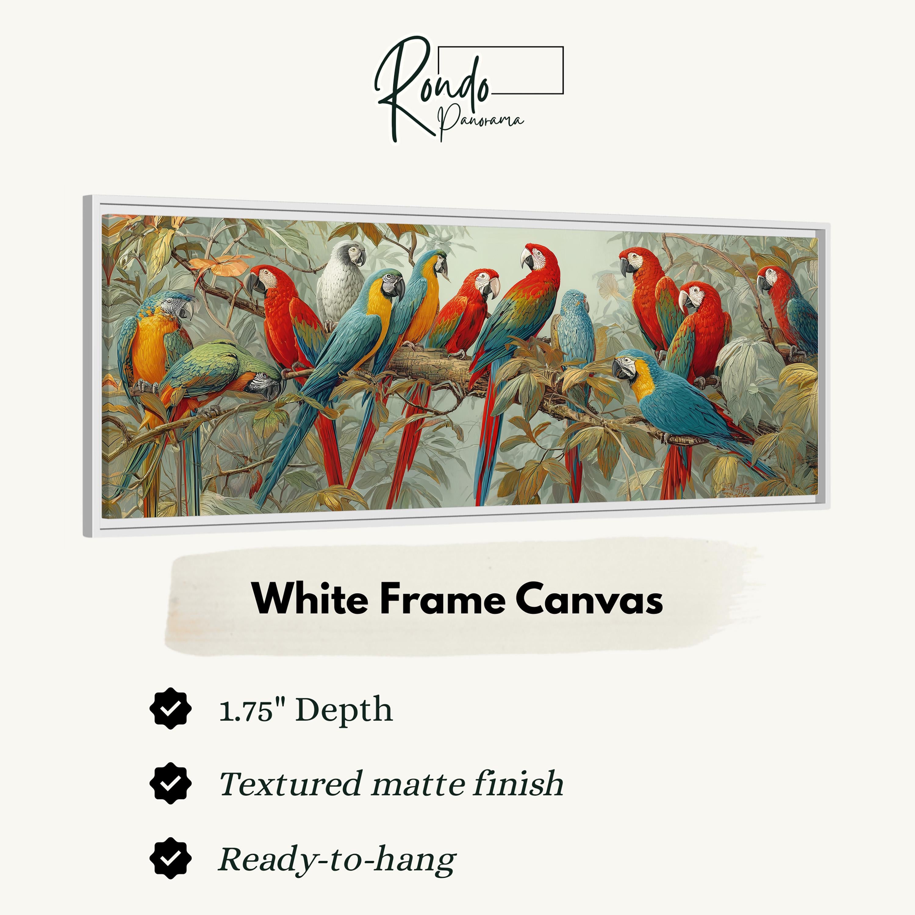 The image is a framed canvas depicting a group of colorful parrots perched on branches in a lush, tropical setting.