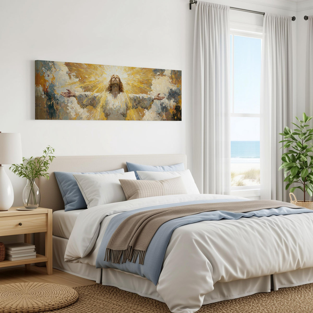 Risen Christ in golden light panoramic canvas print above a bed in a coastal bedroom