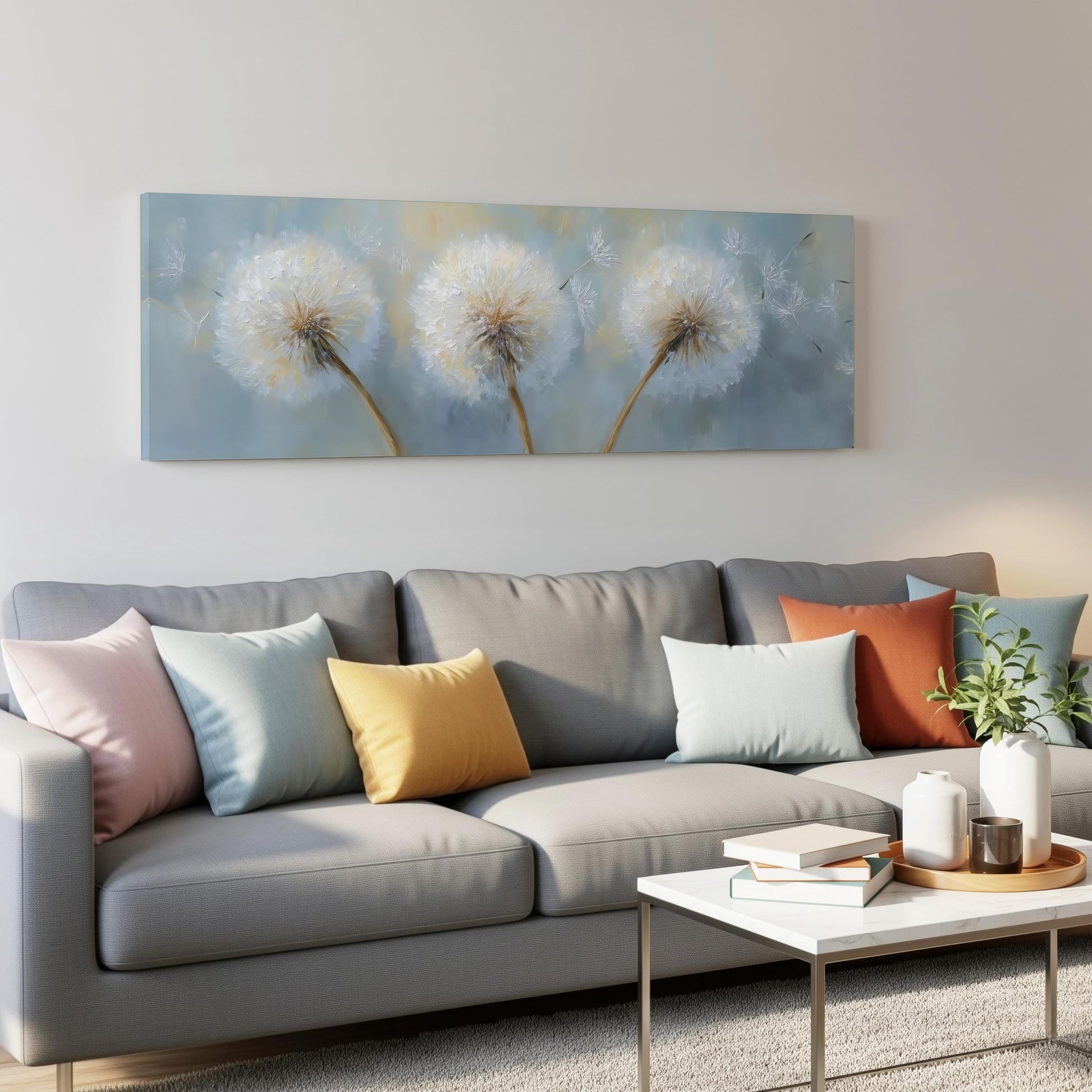 a gray couch with colorful throw pillows, a coffee table, and a painting of dandelions on the wall above it.