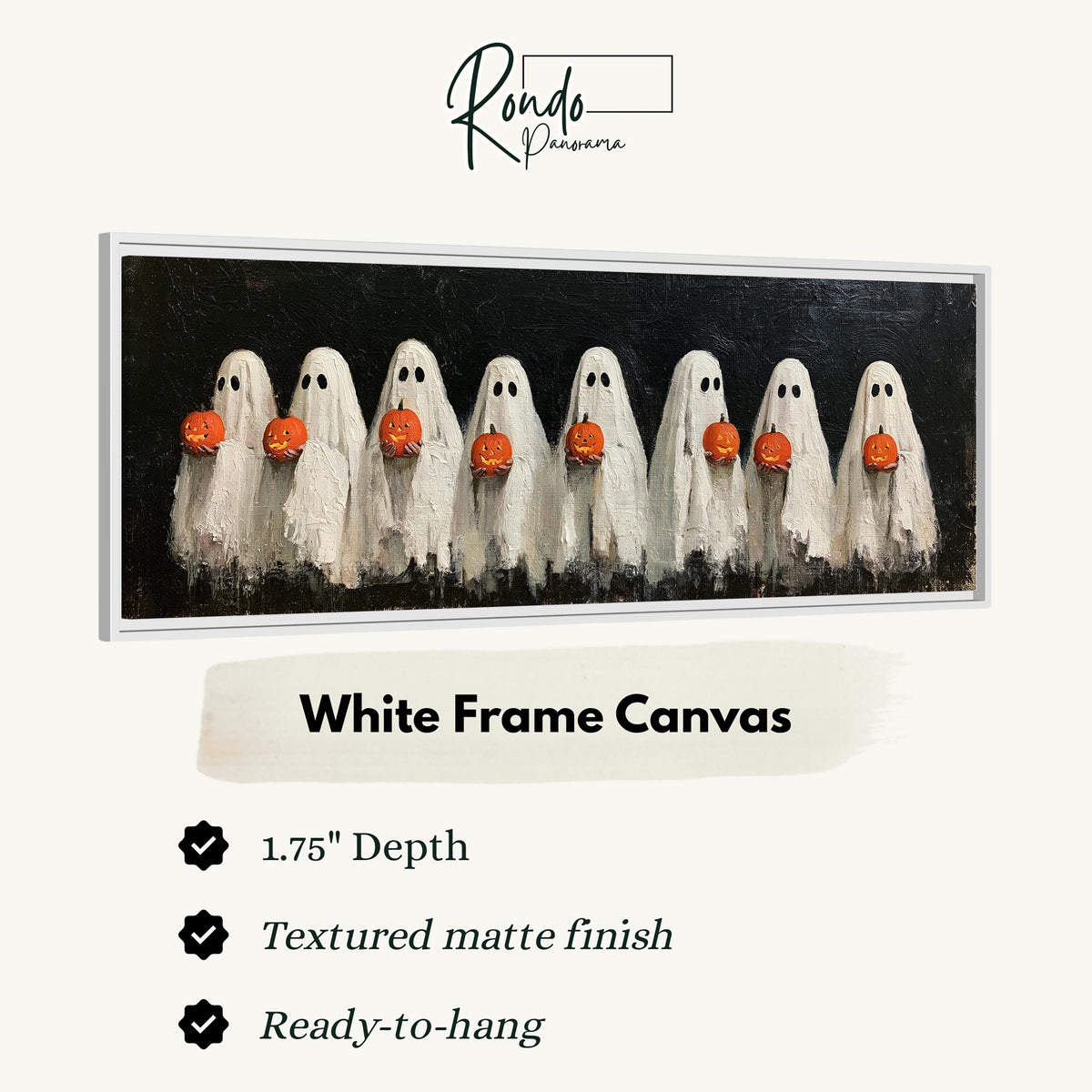 Crowd of huddled ghosts with pumpkins canvas print in a white floating frame