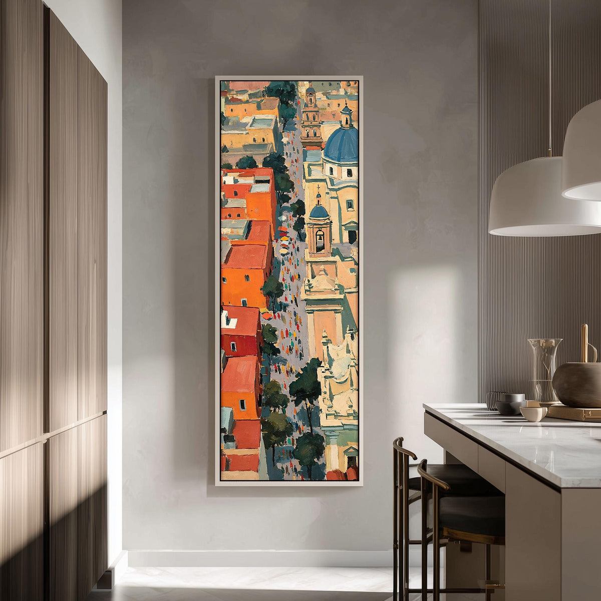 Procession through a colorful old town seen from above tall skinny canvas print in a modern kitchen