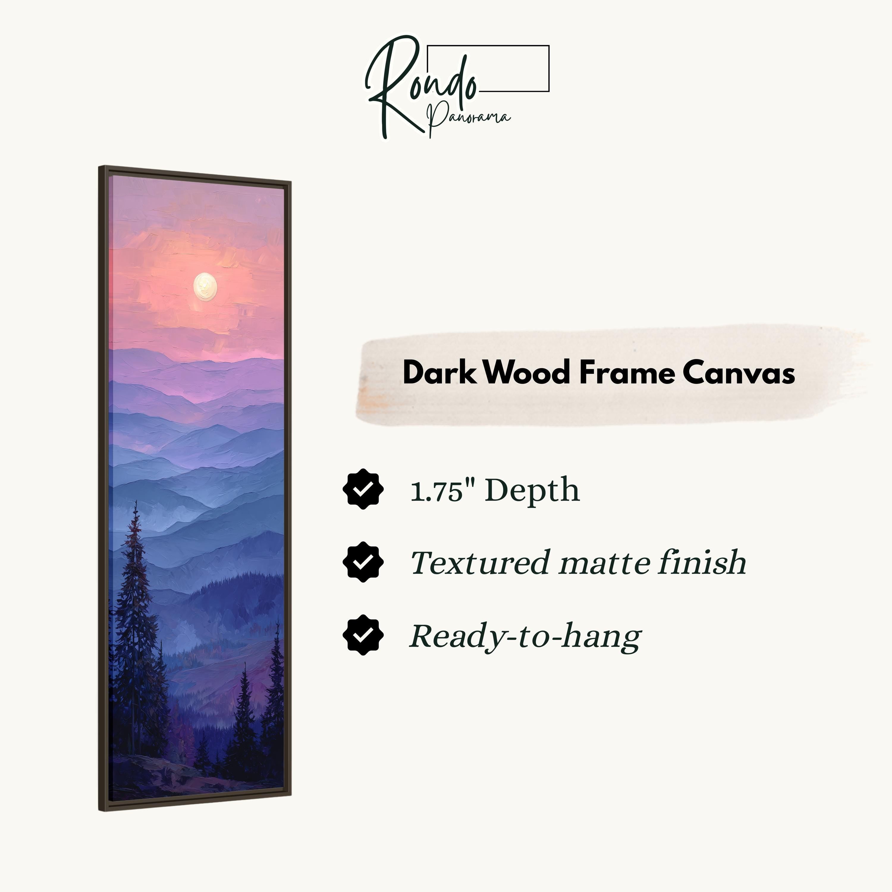 The image is a rectangular dark wood frame canvas depicting a mountain landscape with a sunset. The canvas has a 1.75" depth, is textured, and is ready to hang.