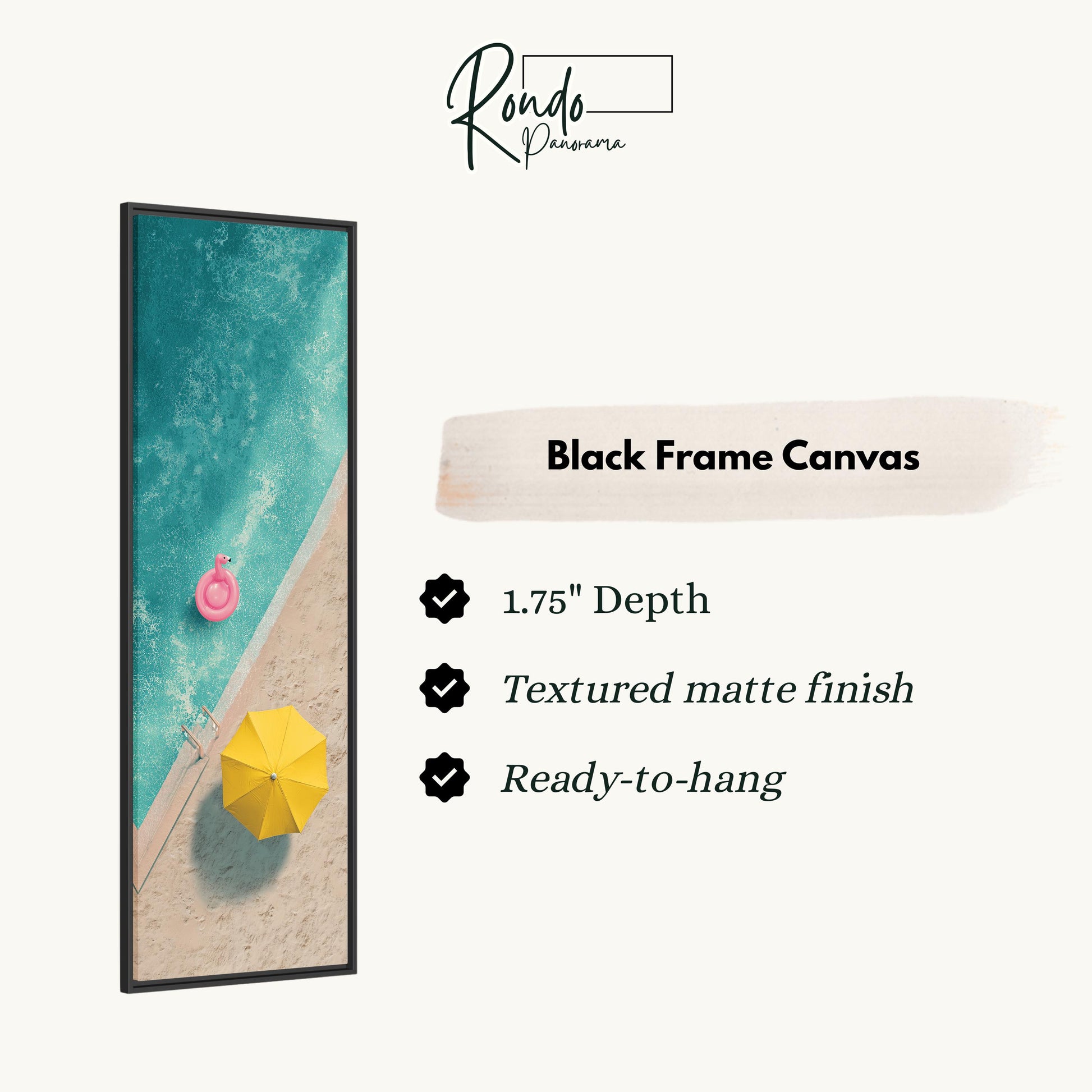 The image is a black frame canvas featuring a beach scene with a pink inflatable object and a yellow umbrella.