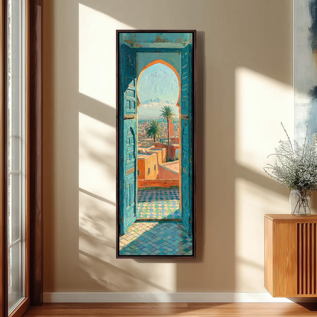 Moroccan town seen through a blue doorway long vertical canvas print in a sunlit living space