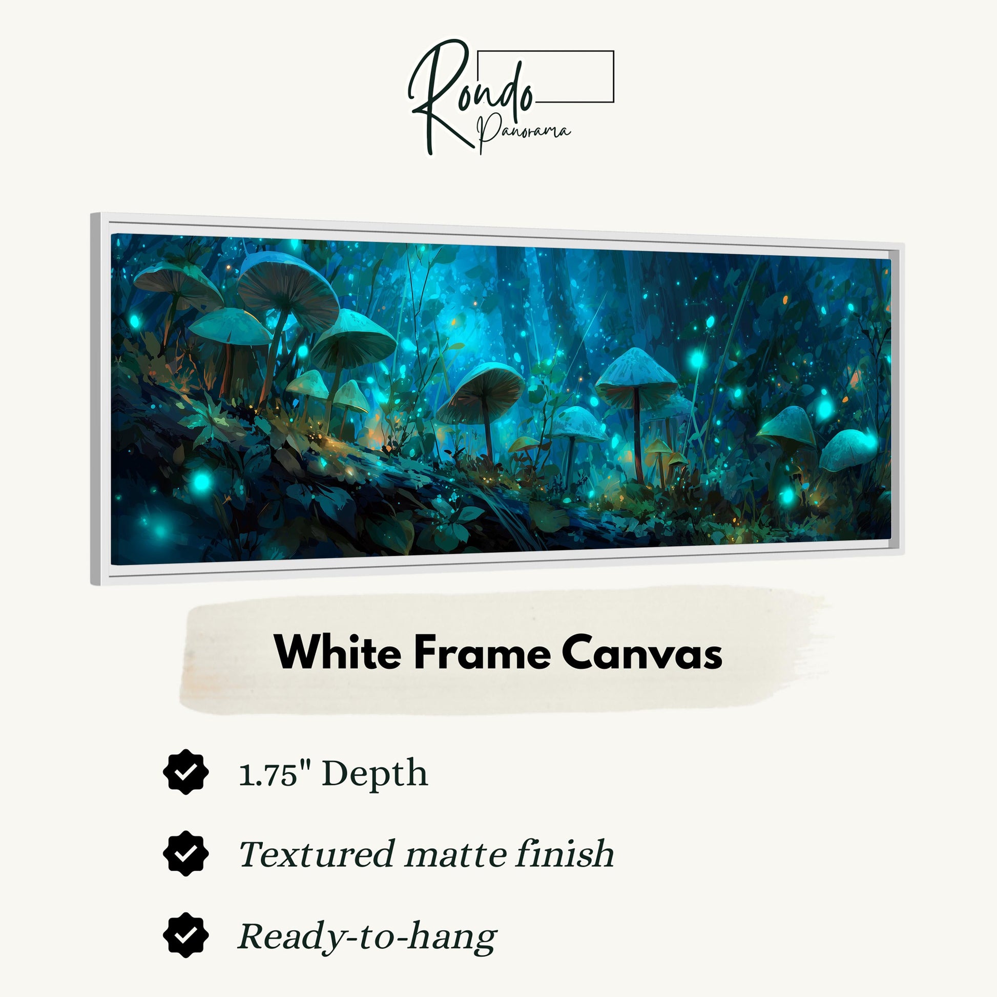 The image is a white frame canvas depicting a forest scene with mushrooms and glowing blue lights.