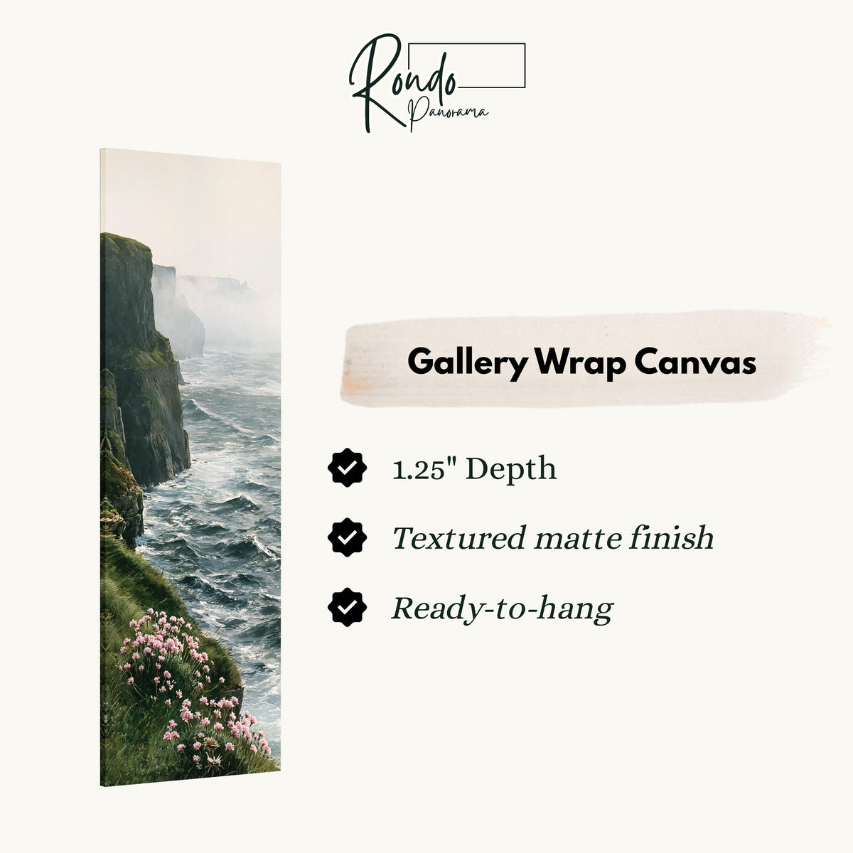 Misty sea cliffs with pink wildflowers gallery wrap canvas with the image wrapped around the edges