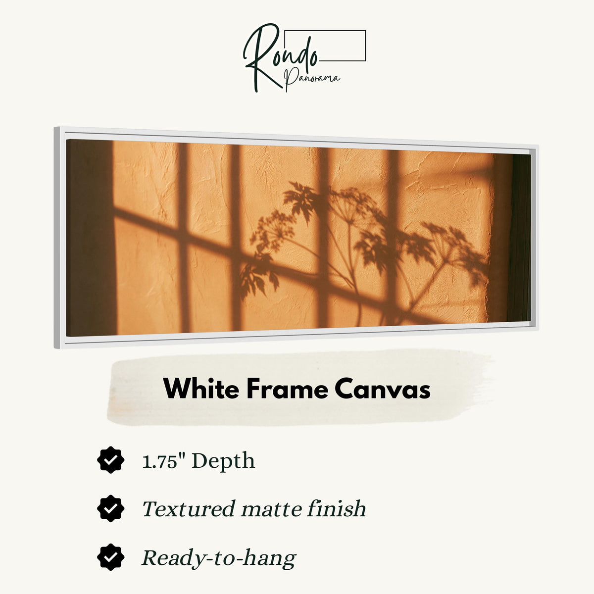 Plant and window shadows on a terracotta wall canvas print in a white floating frame