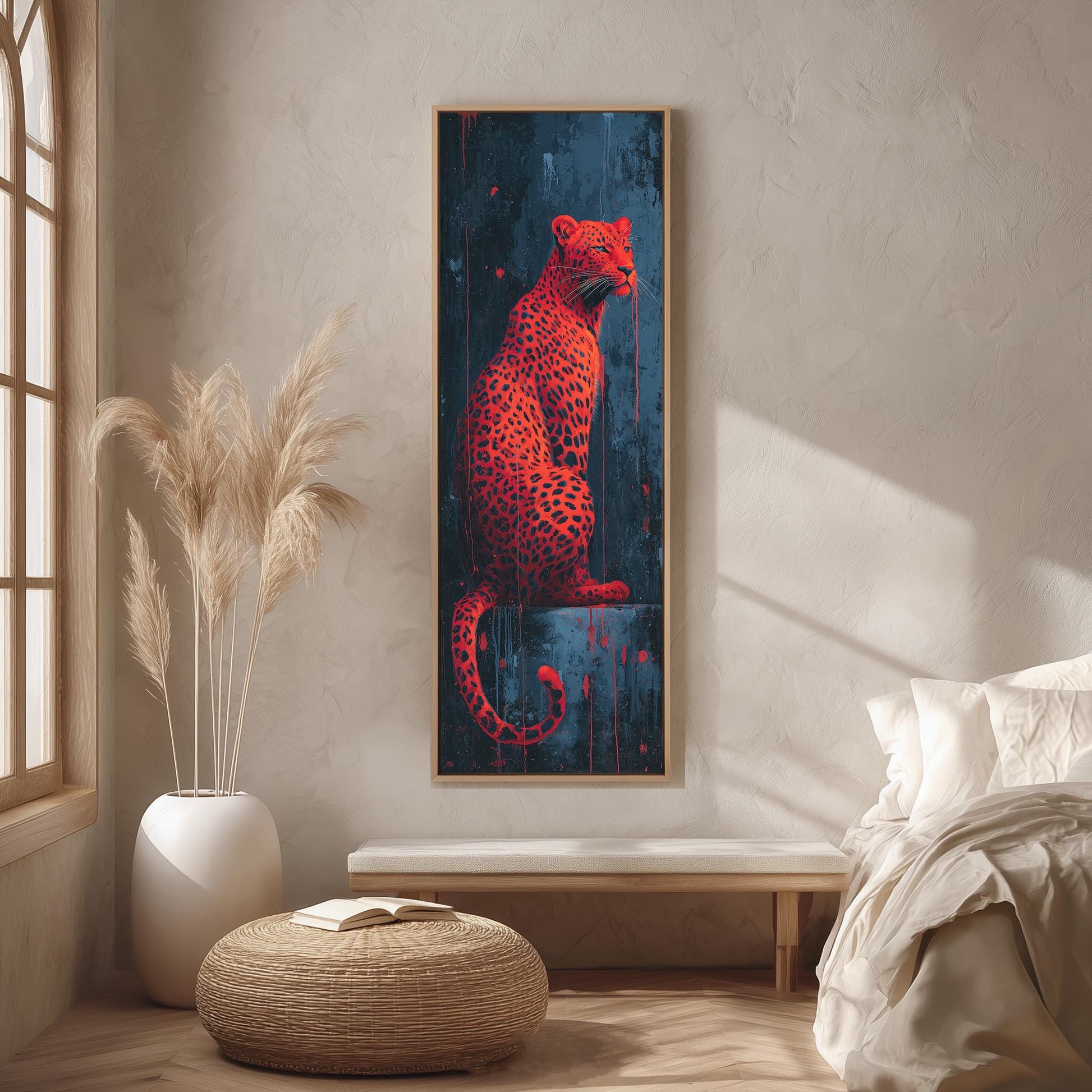a large, vibrant painting of a leopard sitting on a ledge, hanging on a wall in a room with a wooden floor and a white bed.
