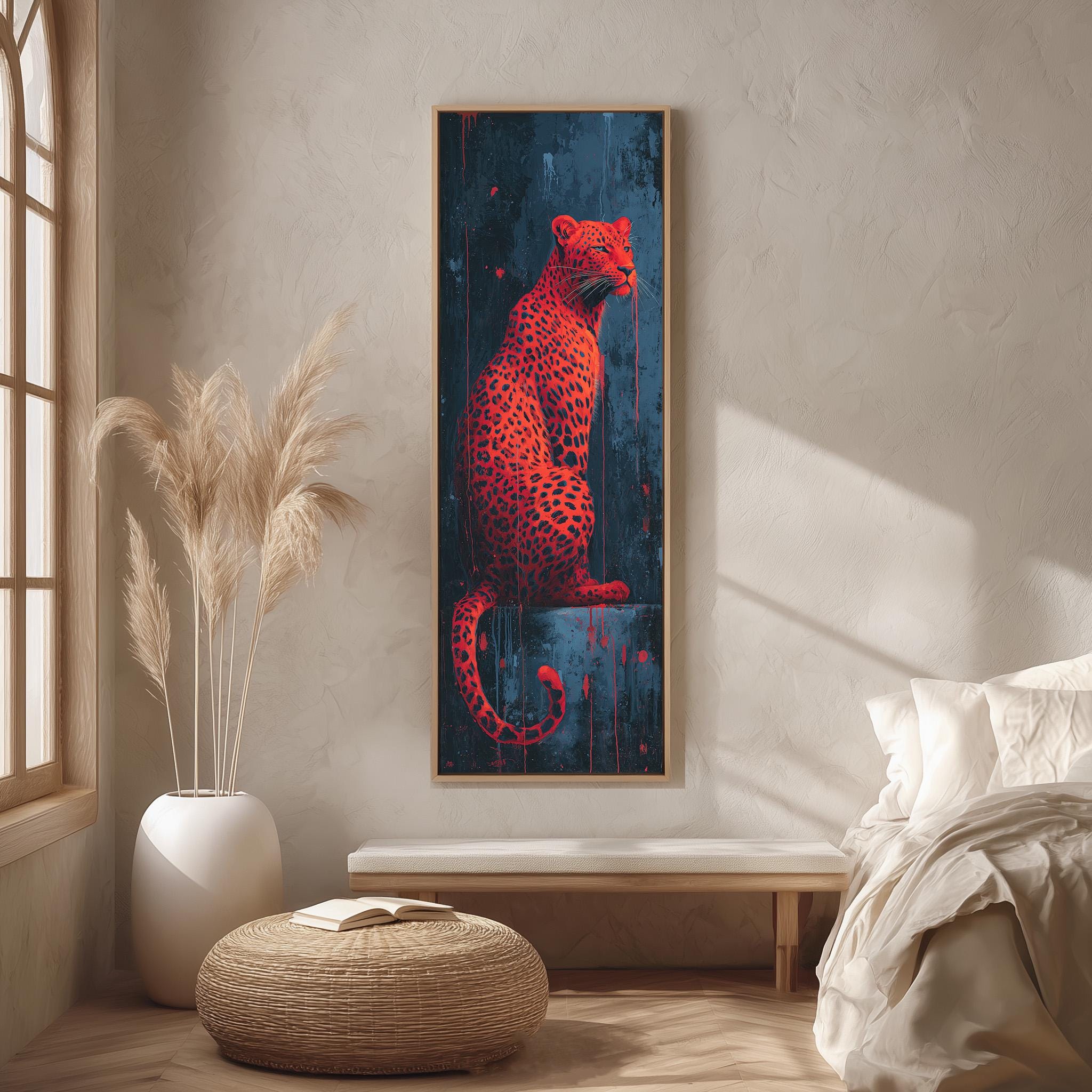 a large, vibrant painting of a leopard sitting on a ledge, hanging on a wall in a room with a wooden floor and a white bed.