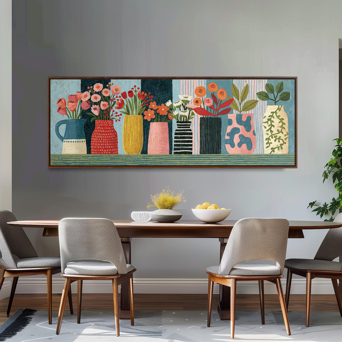 Row of folk art flower vases long horizontal canvas print above a dining table