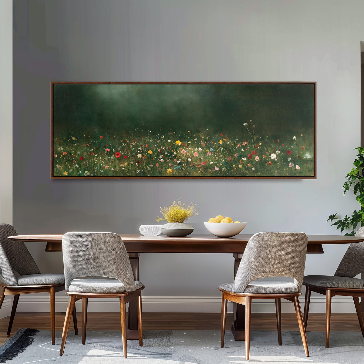 Wildflower meadow at the edge of a dark forest long horizontal canvas print above a dining table