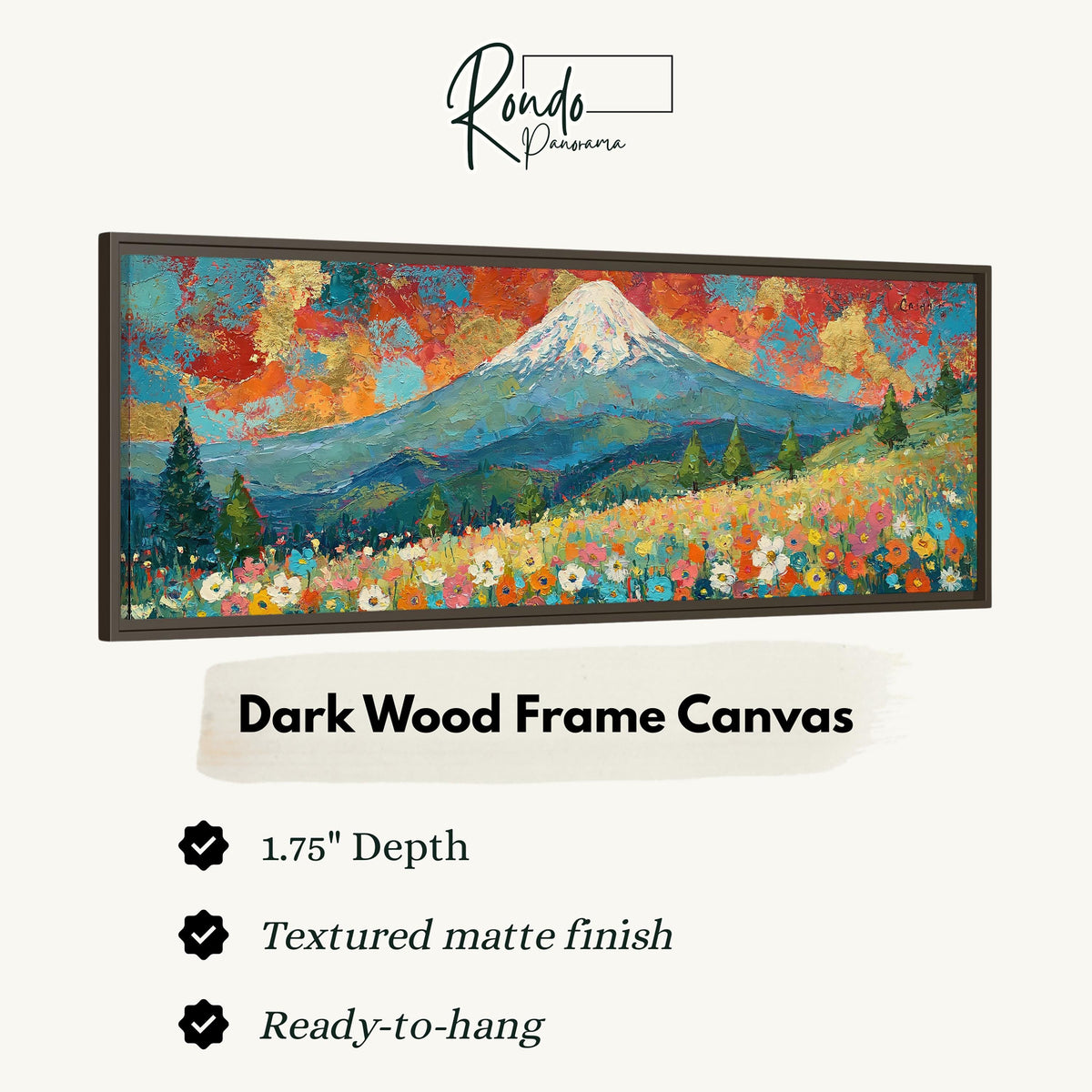 Mount Fuji under a red and gold sunset sky canvas print in a dark wood floating frame