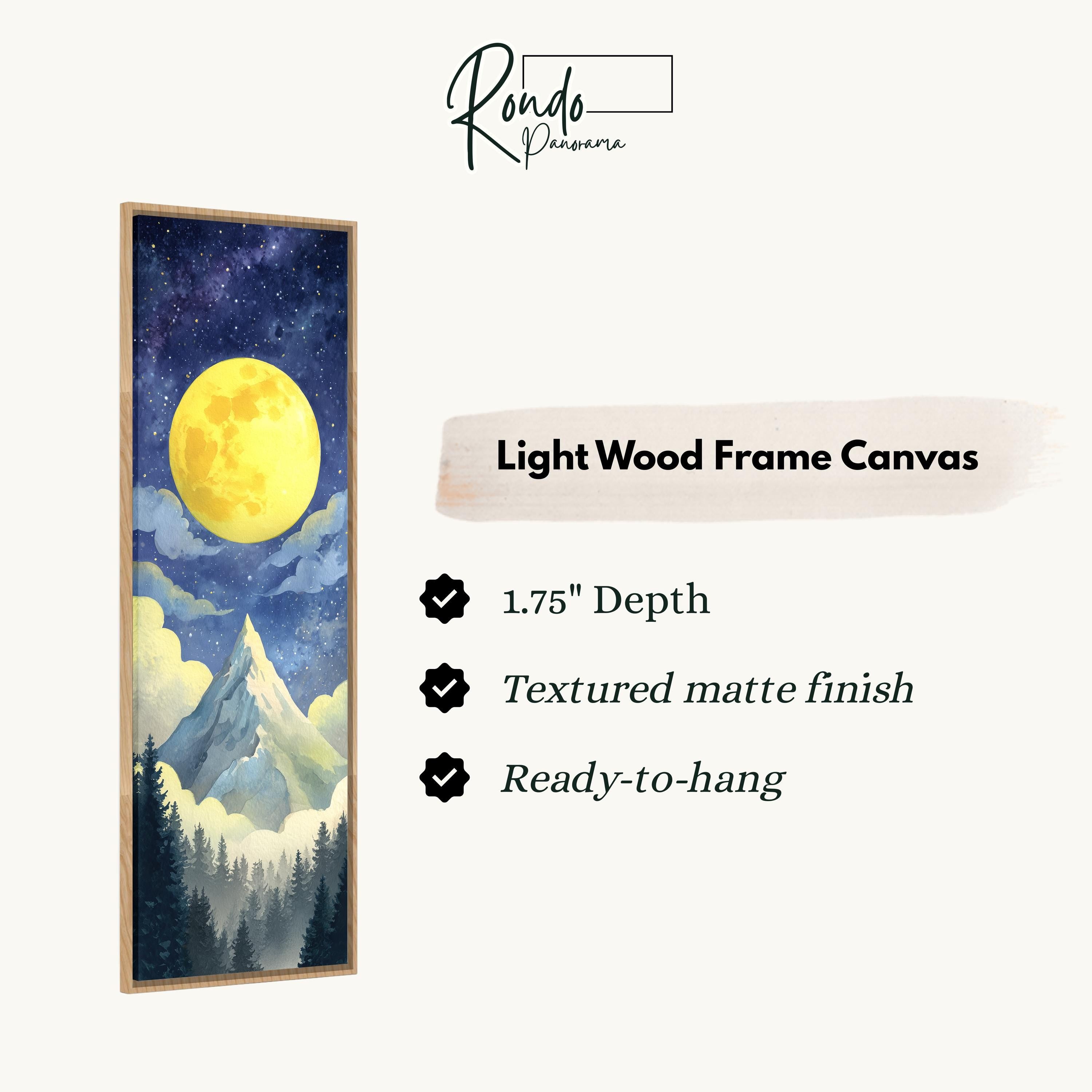 The image is a light wood frame canvas depicting a night sky with a large, bright yellow moon and a mountain landscape.
