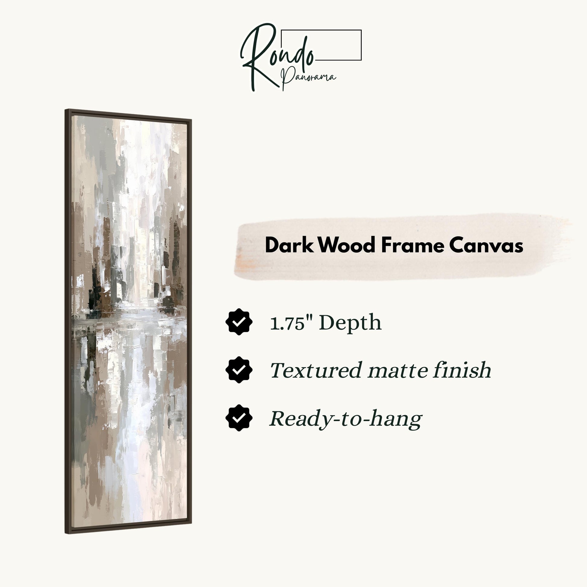 The image is a product description for a dark wood frame canvas. It features a painting of a cityscape with a textured finish and a depth of 1.75 inches. The canvas is ready to hang and has a textured matte finish.