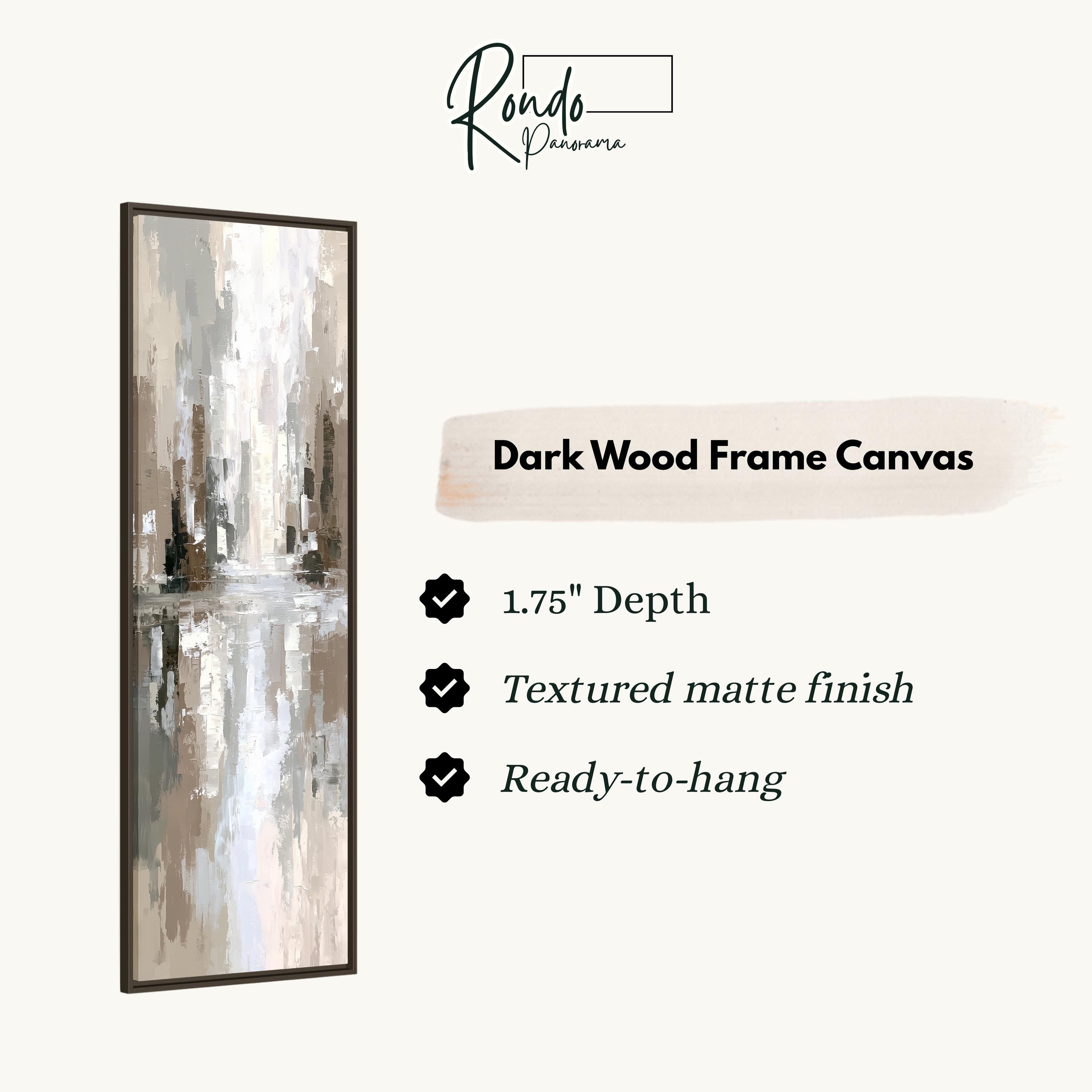 The image is a product description for a dark wood frame canvas. It features a painting of a cityscape with a textured finish and a depth of 1.75 inches. The canvas is ready to hang and has a textured matte finish.