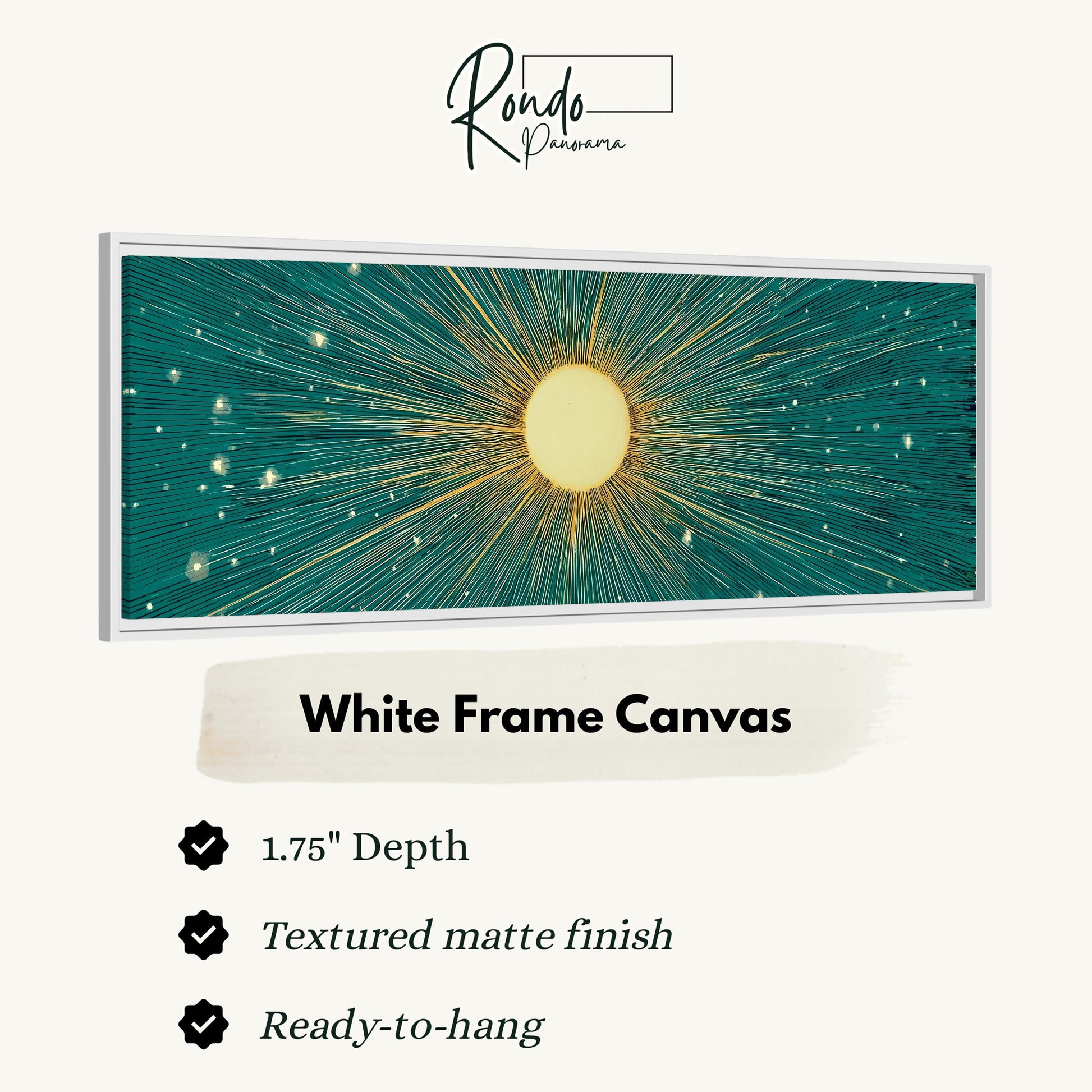 The image is a white frame canvas with a vibrant design depicting a sun with rays emanating from it, set against a teal background with white stars.