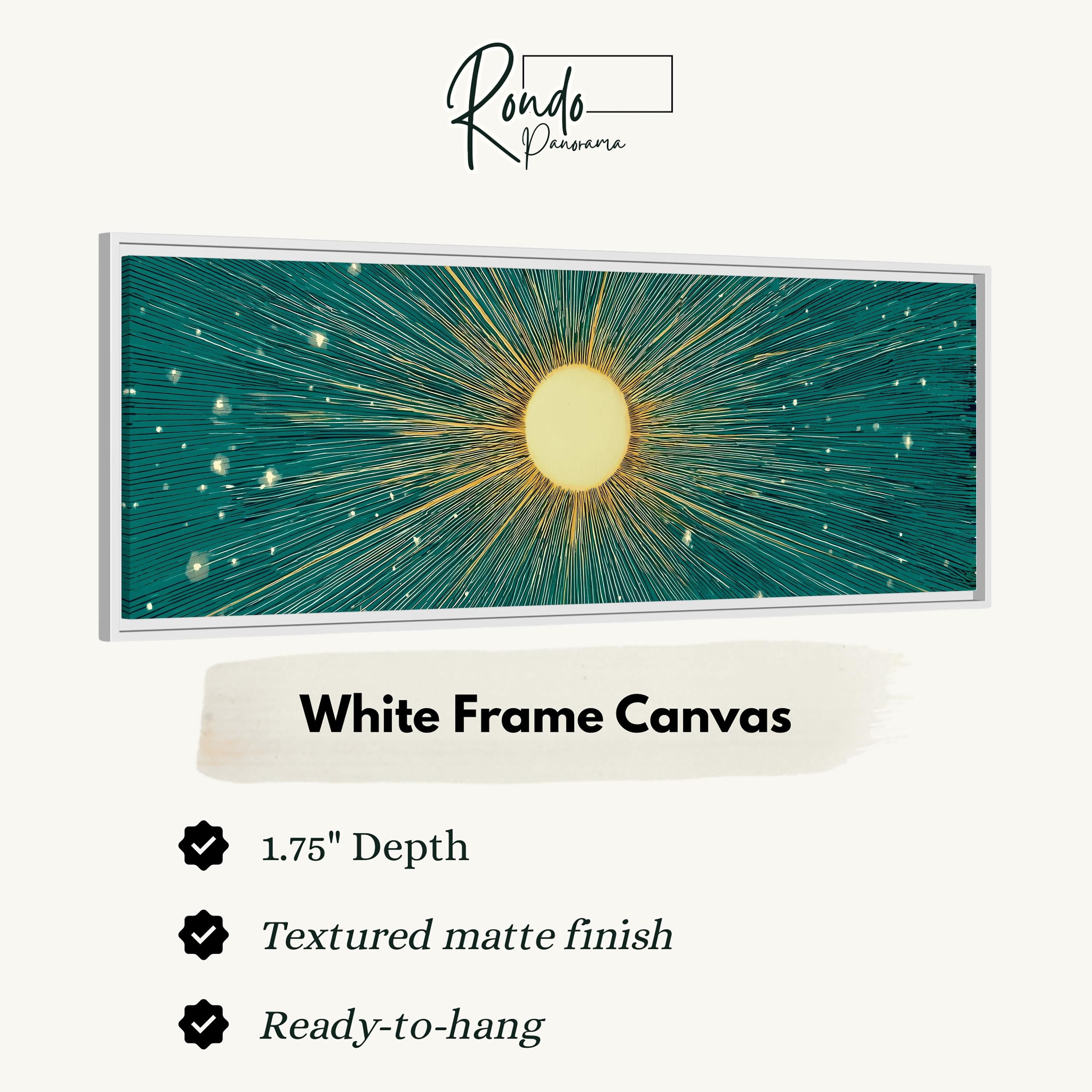 The image is a white frame canvas with a vibrant design depicting a sun with rays emanating from it, set against a teal background with white stars.