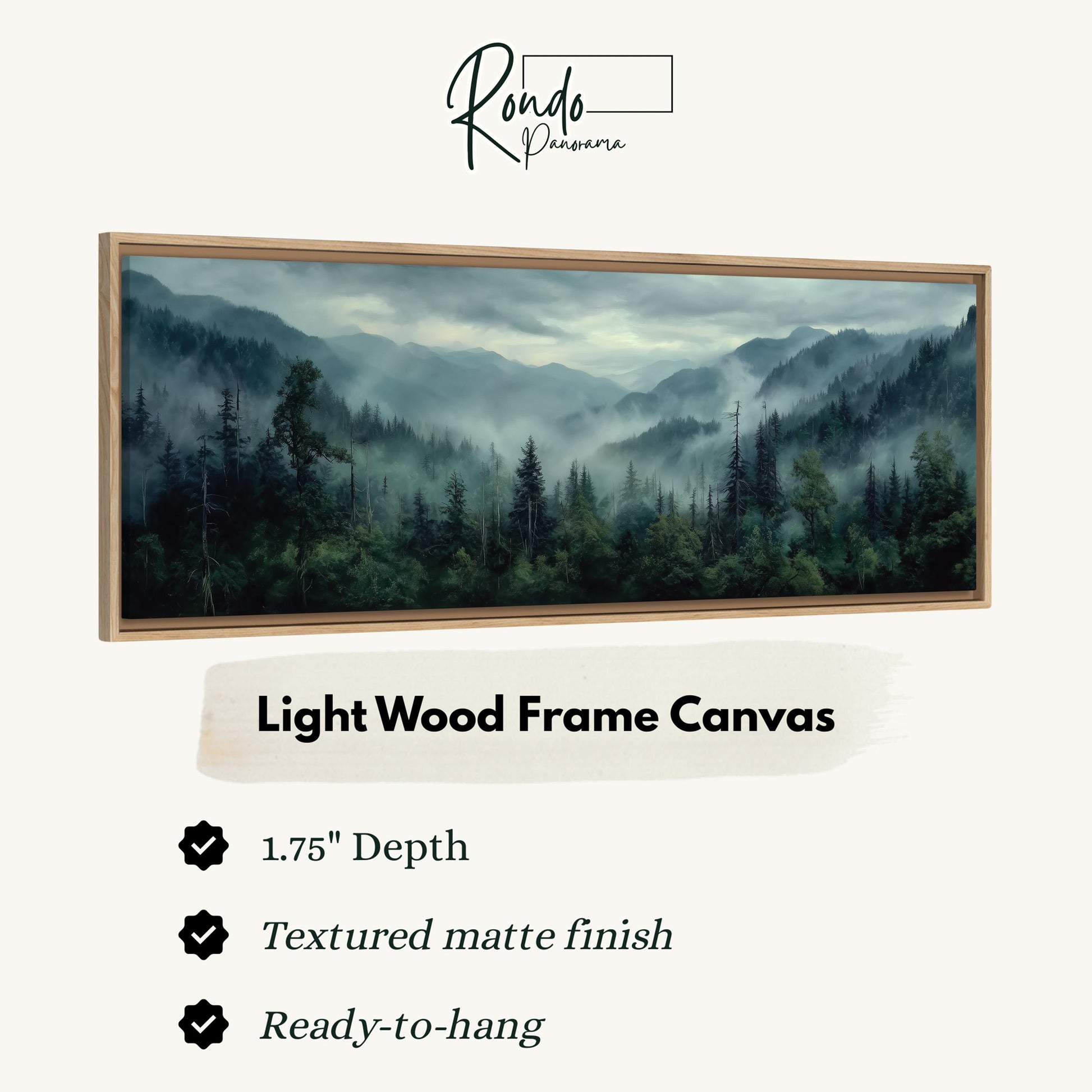 The image is a framed landscape painting depicting a forested mountain range with a misty, hazy atmosphere.