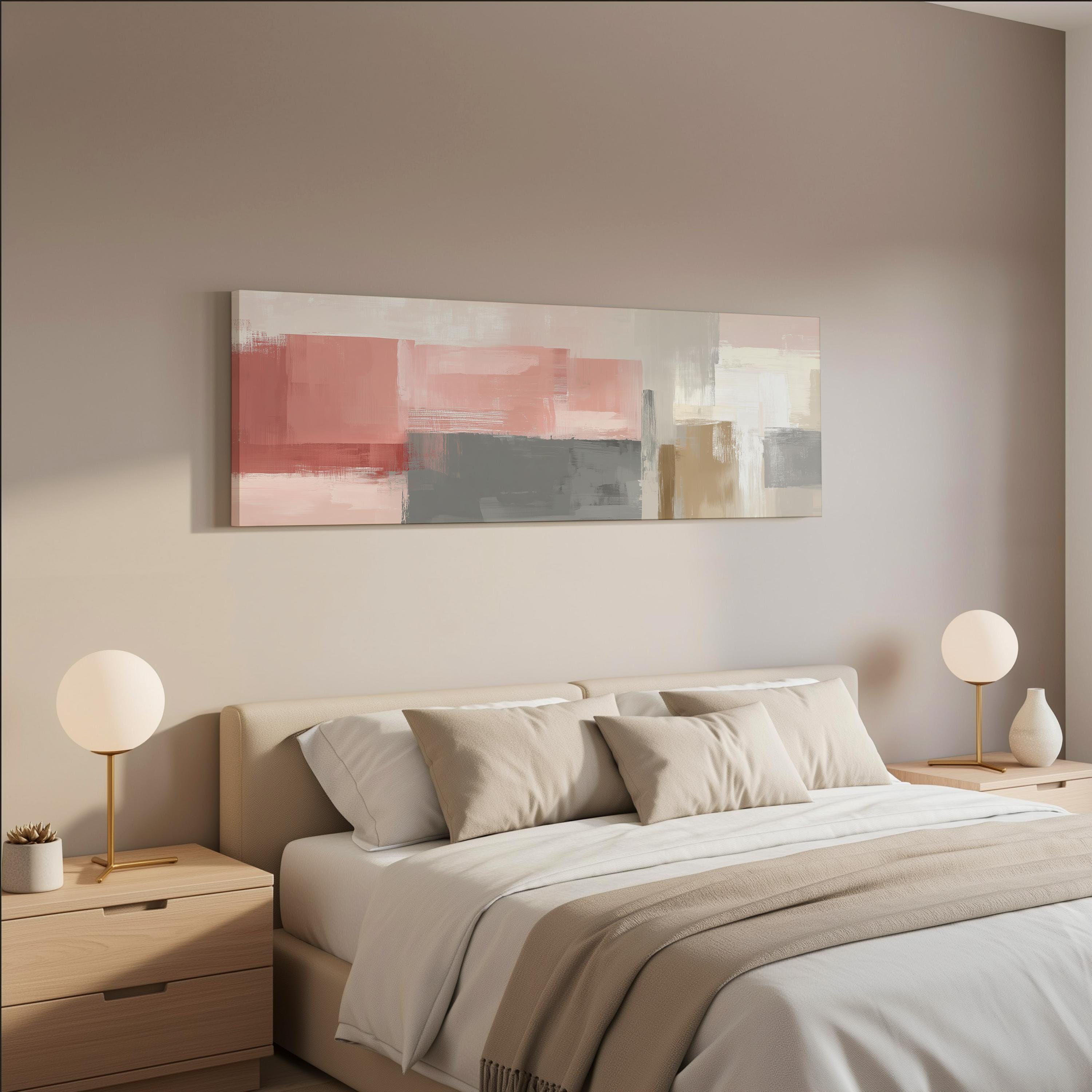 a modern bedroom with a large bed, two nightstands with lamps, and a large abstract painting hanging above the bed.