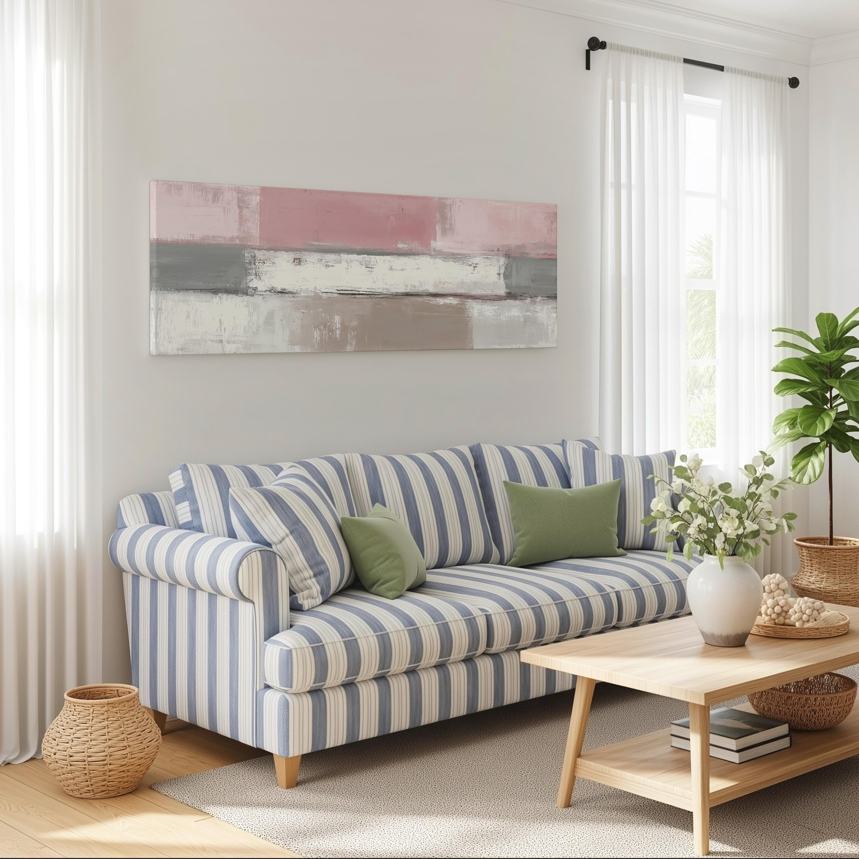 a cozy living room with a striped blue and white sofa, a wooden coffee table, and a large abstract painting on the wall.