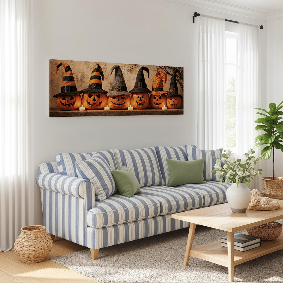 Jack-o'-lanterns wearing witch hats by candlelight long horizontal canvas print above a striped sofa in a coastal living room