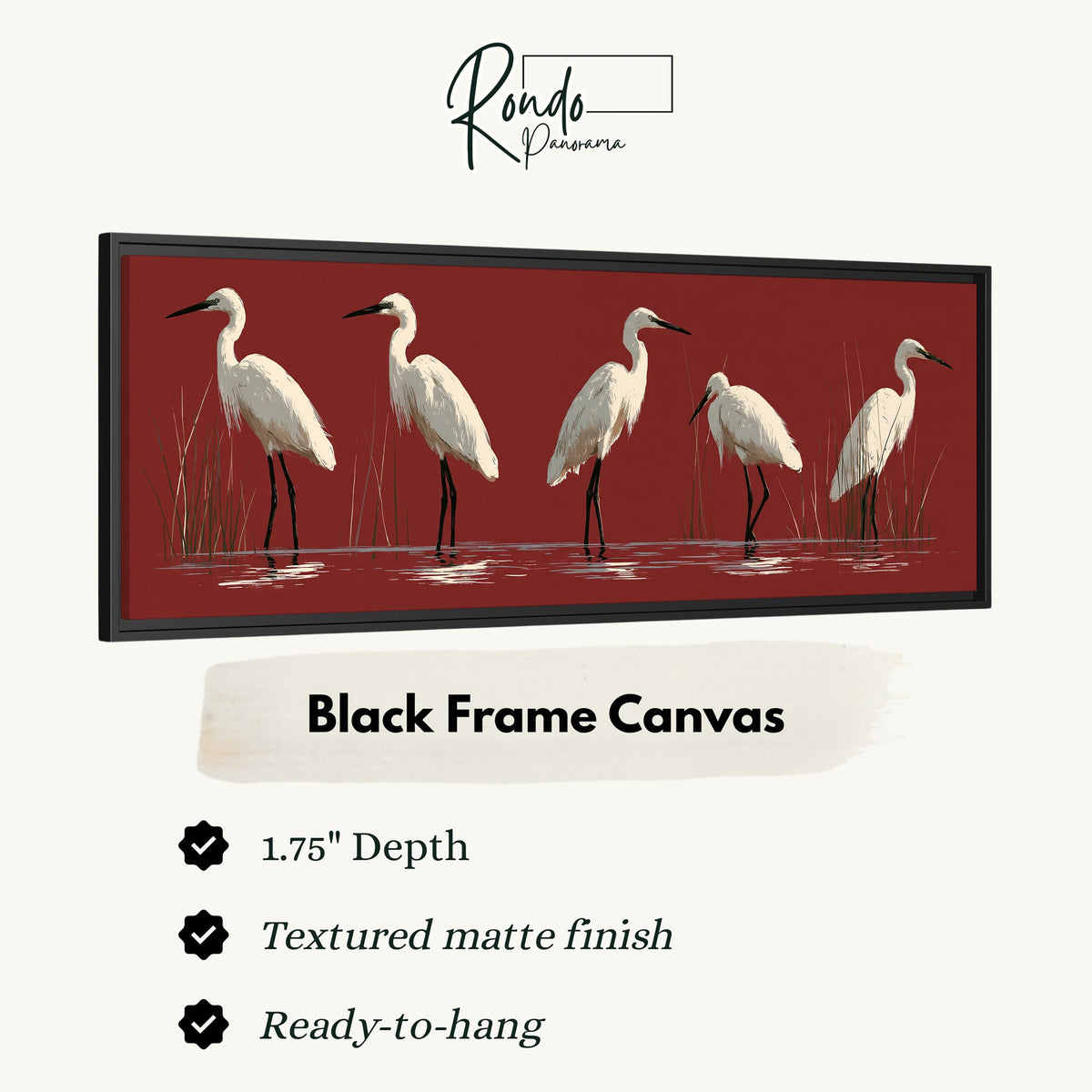 White egrets wading on crimson red canvas print in a black floating frame