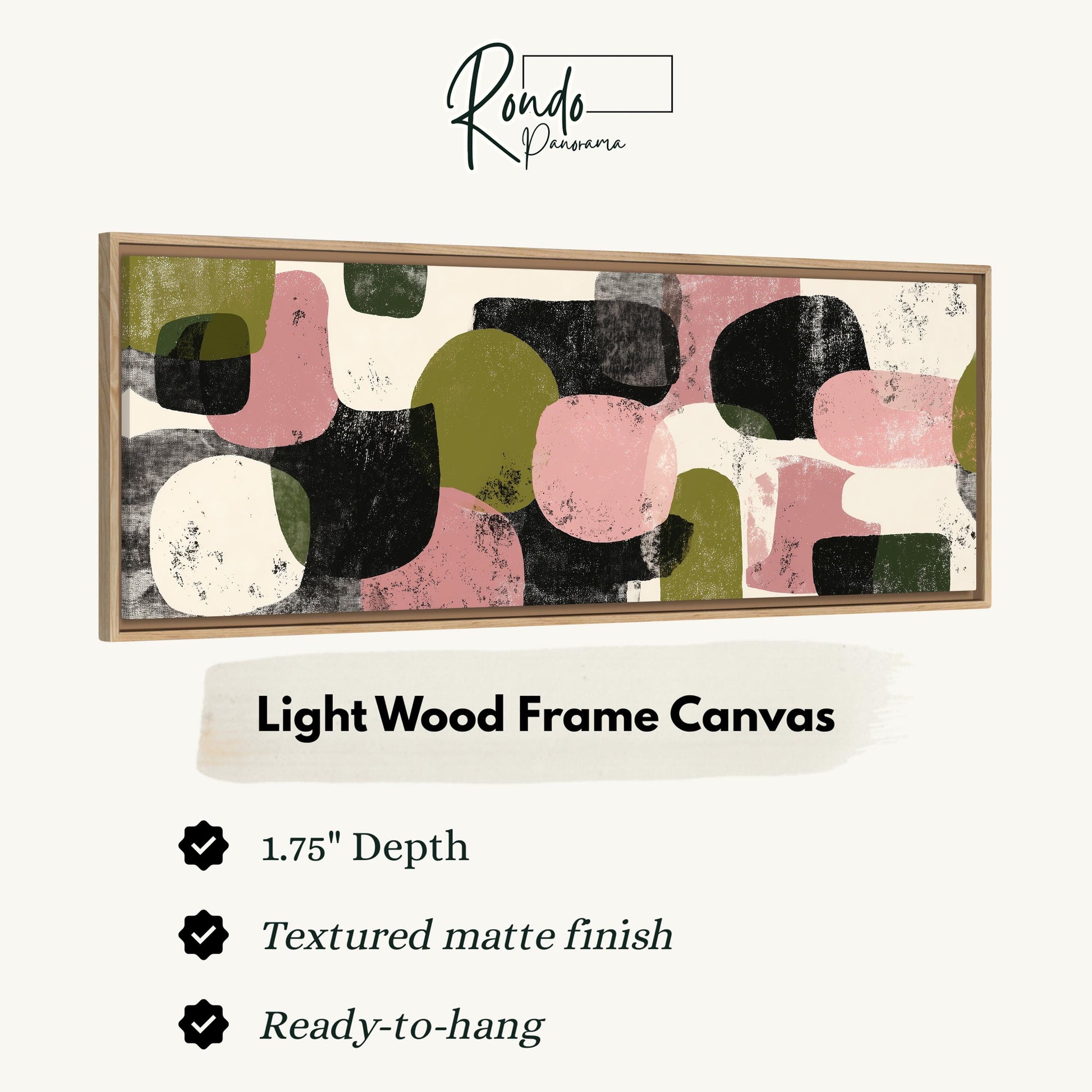 The image is a light wood frame canvas with a textured matte finish, measuring 1.75" in depth. It is ready to hang and has a textured matte finish.