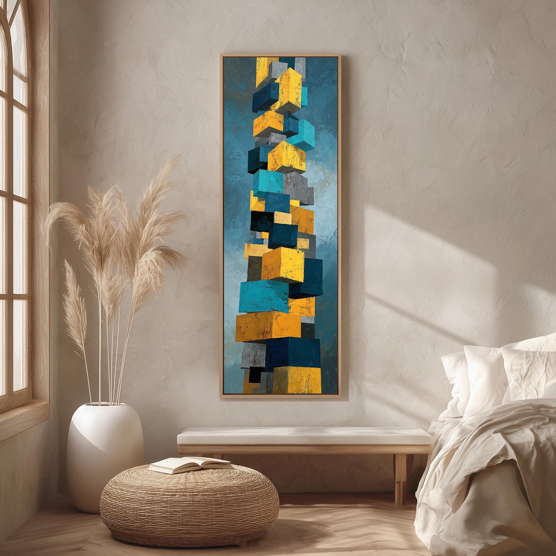 a modern art piece with a tall, abstract painting of geometric shapes in various colors, including blue, yellow, and orange, hanging on a wall in a minimalist living room setting.