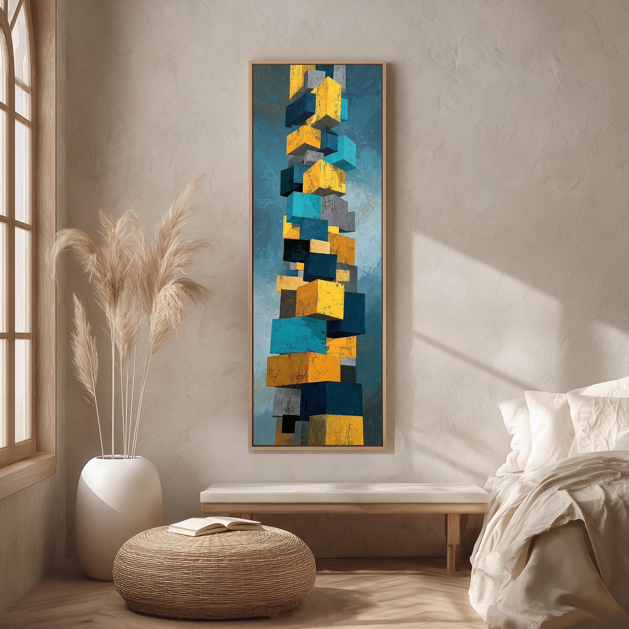 a modern art piece with a tall, abstract painting of geometric shapes in various colors, including blue, yellow, and orange, hanging on a wall in a minimalist living room setting.