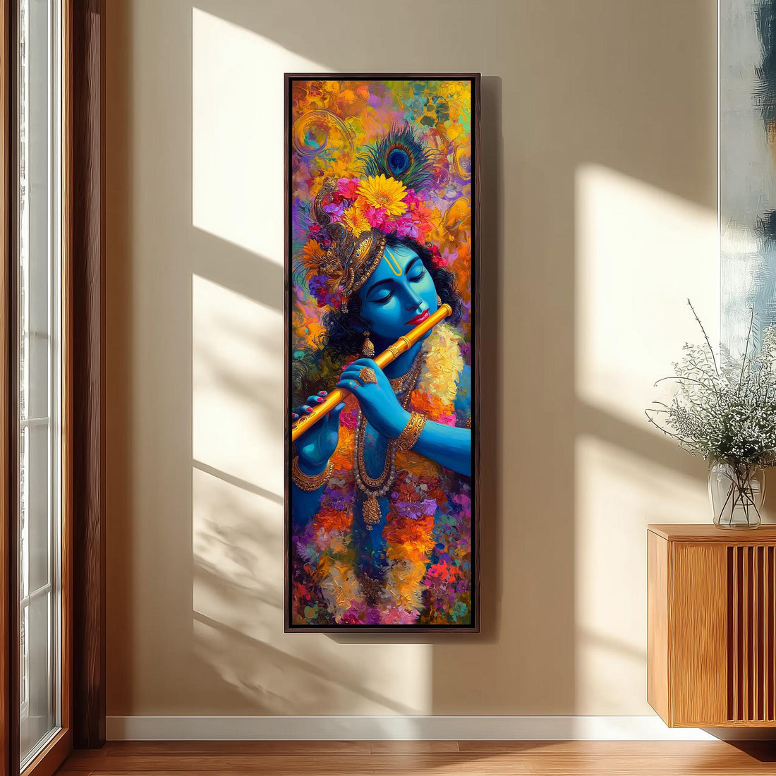 a large, colorful painting of a person playing a flute, with a blue background and a variety of flowers surrounding the figure.