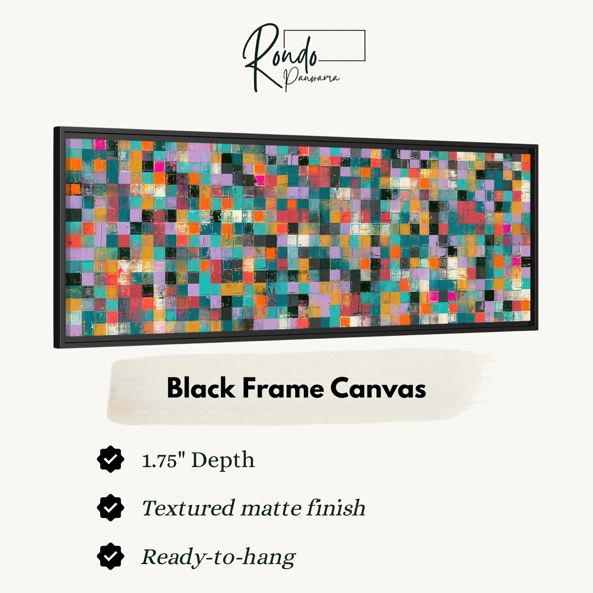Jewel tone checker mosaic canvas print in a black floating frame