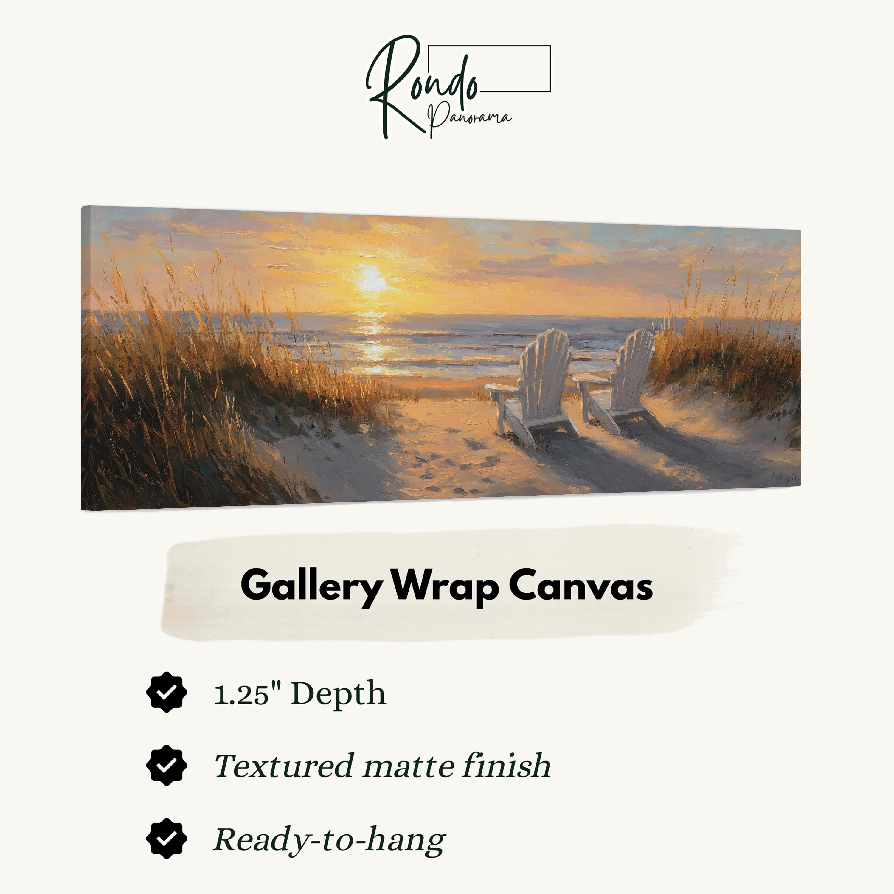 The image is a painting of a beach scene with two white chairs facing the ocean, set against a sunset backdrop.