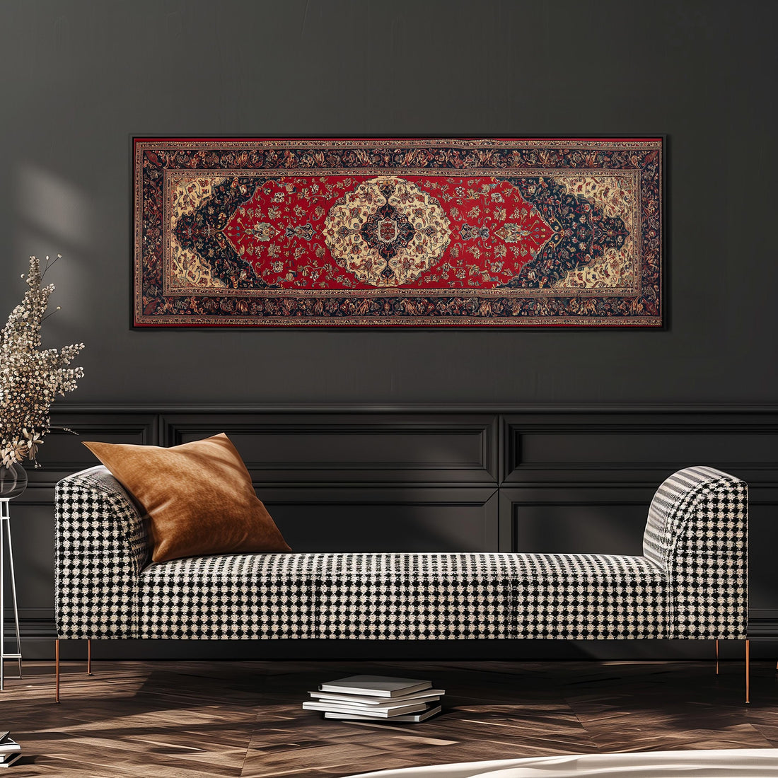 a large, ornate rug hanging on a wall above a brown sofa with two pillows.