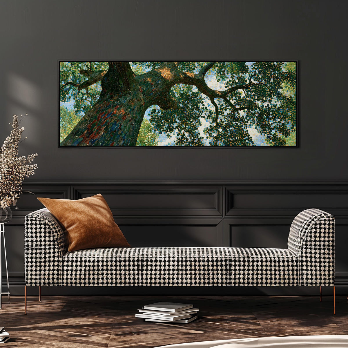 Looking up into an oak canopy wide panoramic canvas print above a bench in a dark living room